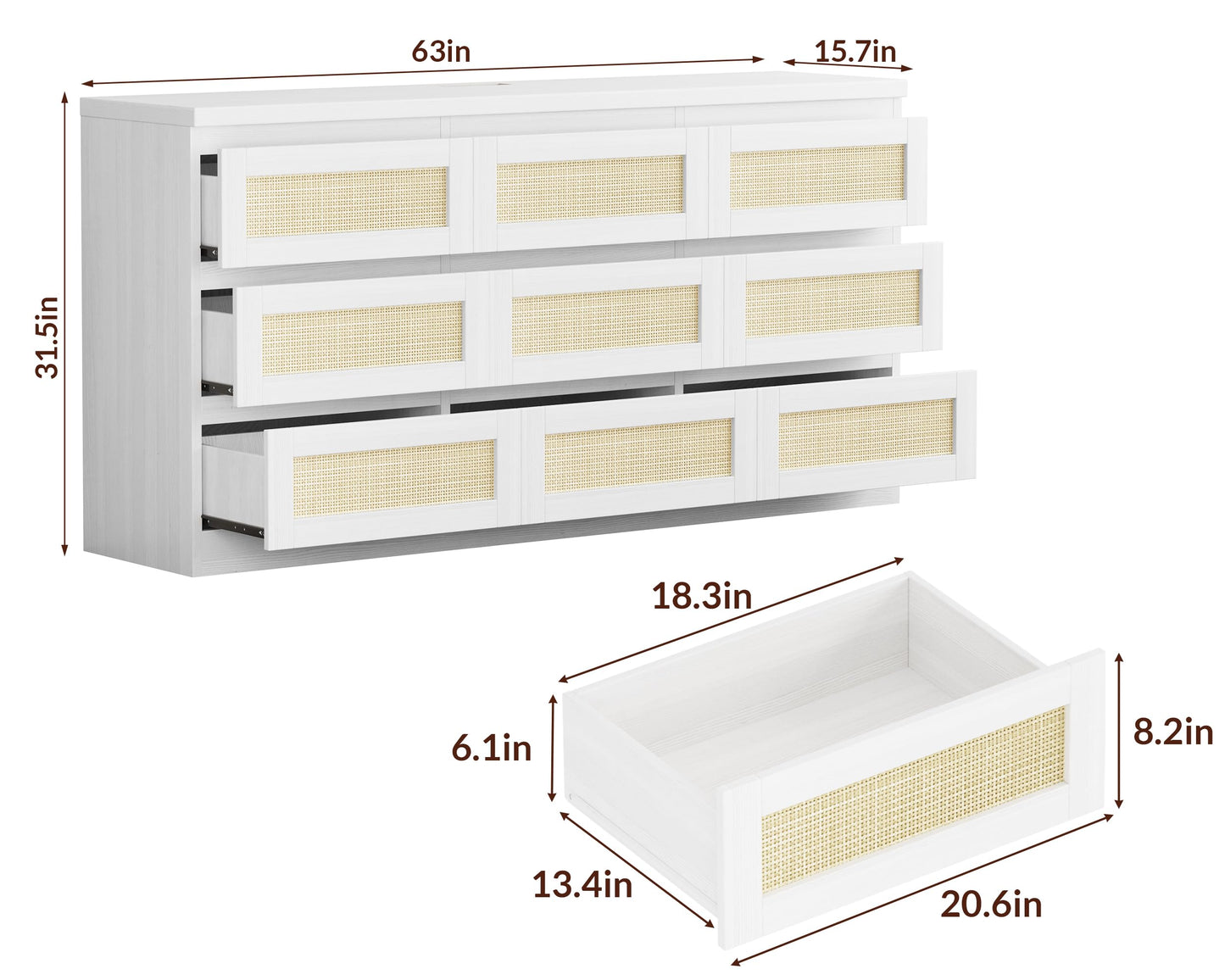 Hipicute Rattan Dresser for Bedroom, 9 Drawer Dresser with Charging Station, Farmhouse Wood Chest of Drawer with Strong Base, Storage Organizer for Living Room, Hallway, White
