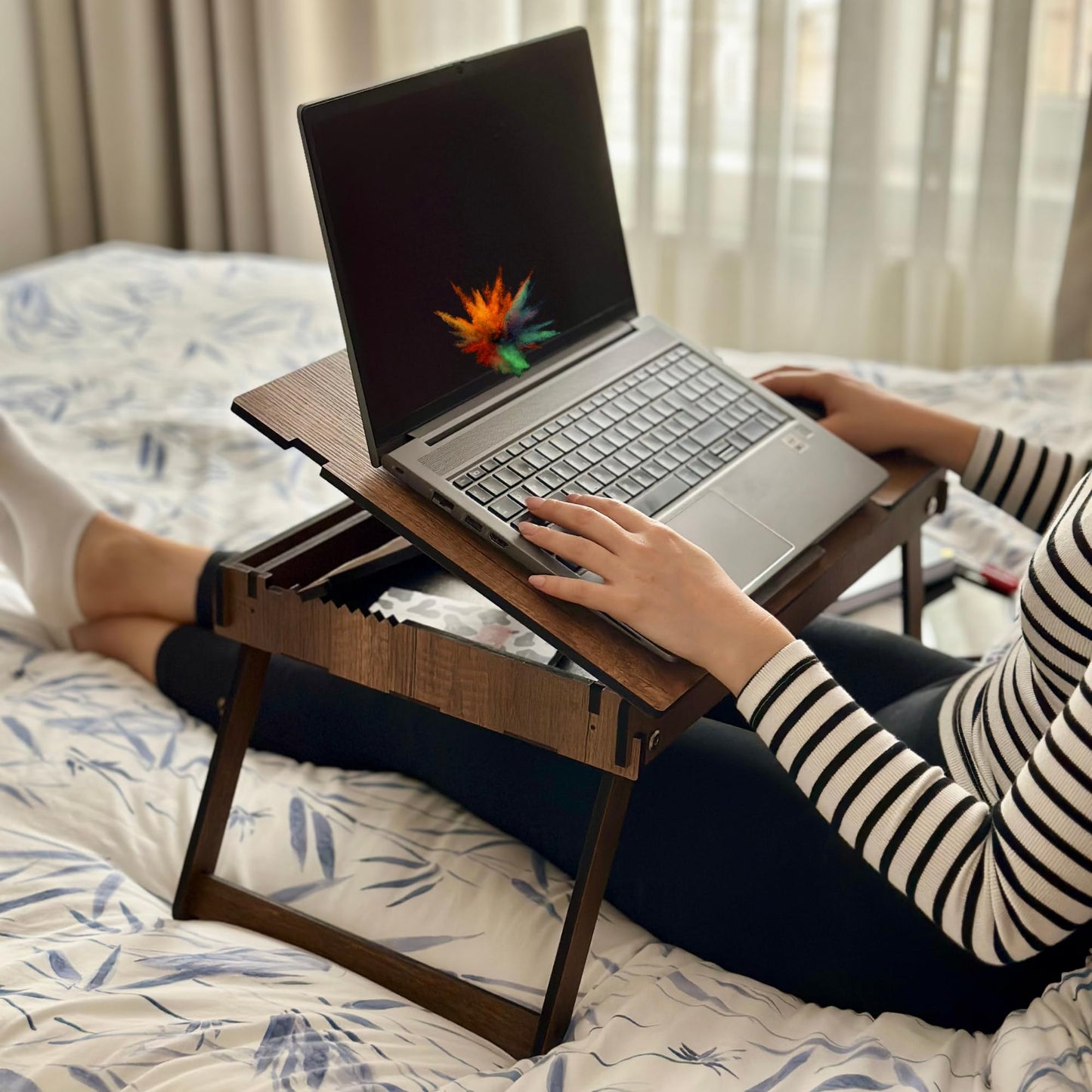 Vigo Wood Laptop Stand for Bed, Adjustable Laptop Lap Desk and Lap Tray with Built-in Storage, Foldable and Ergonomic Design for Reading, Writing, and Working (Walnut)