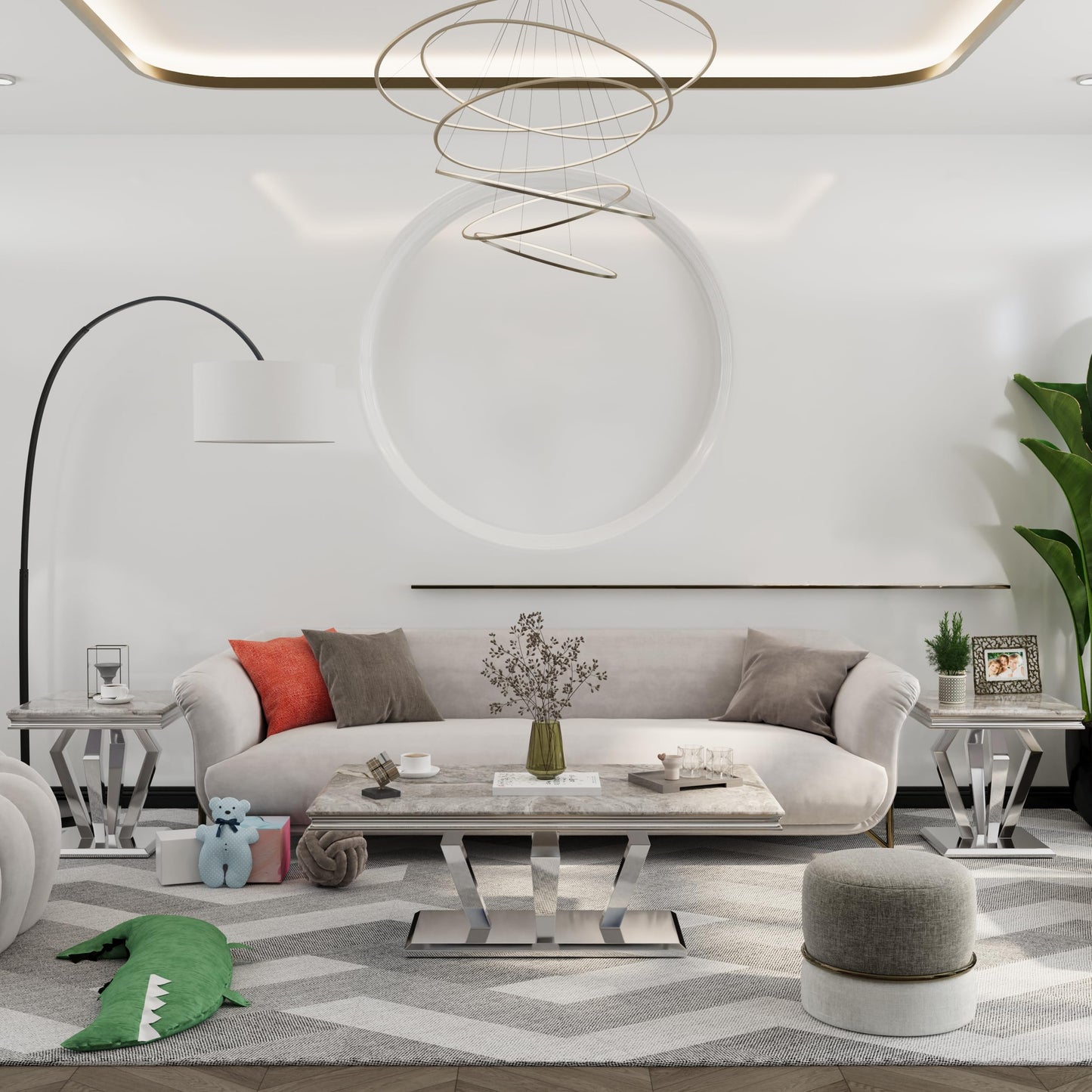 Asday Silver Gray Coffee Table with Four Metal Geometric Legs and 48‘’ High Gloss Top for Living Room, Office, Reception Room