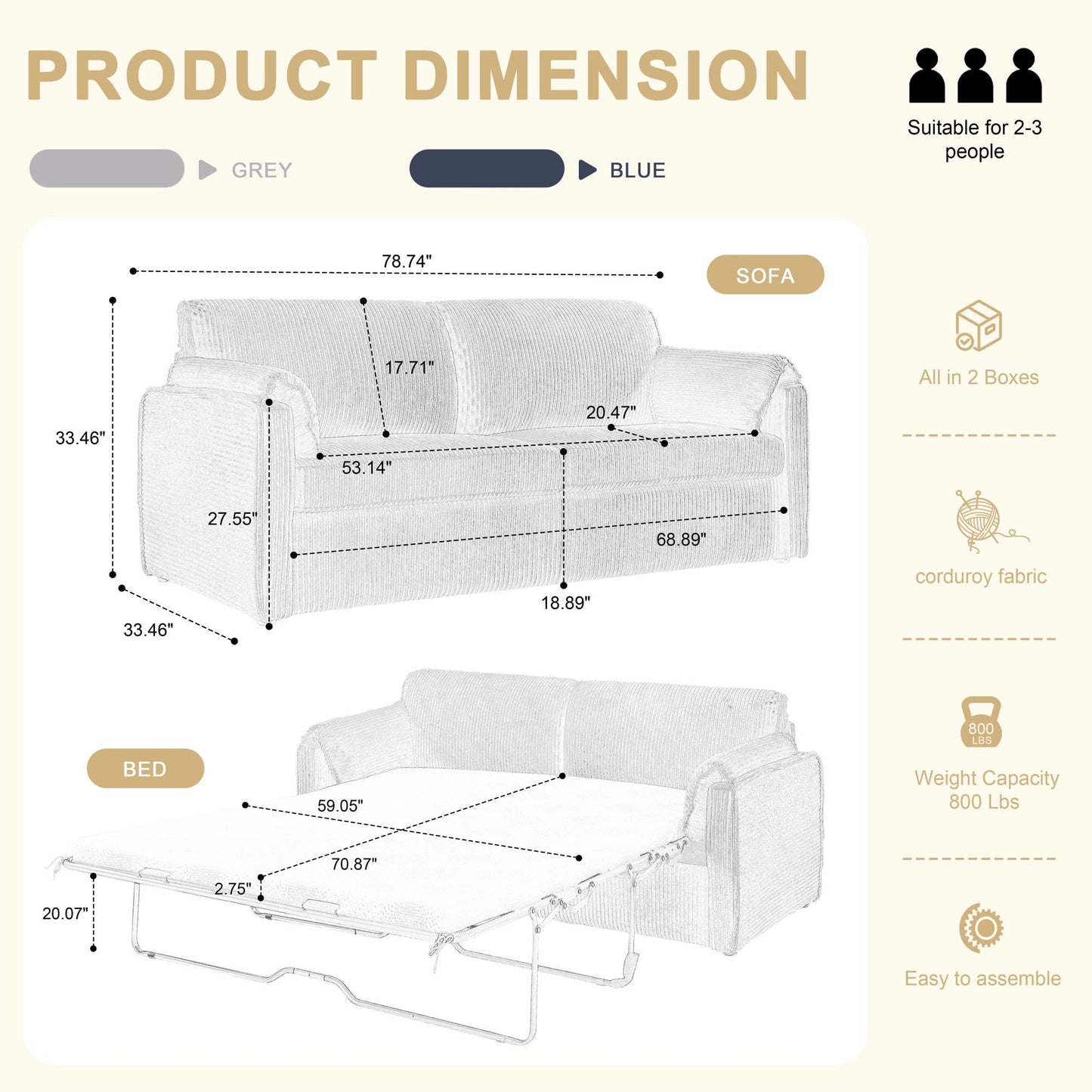 Chorlenimi Convertible Futon Sofa Bed Queen Size Sleeper Sofa with Mattress Included Pull Out Couch Bed Corduroy Couch Beds for Bedrooms Couches for Living Room (Gray, 80")