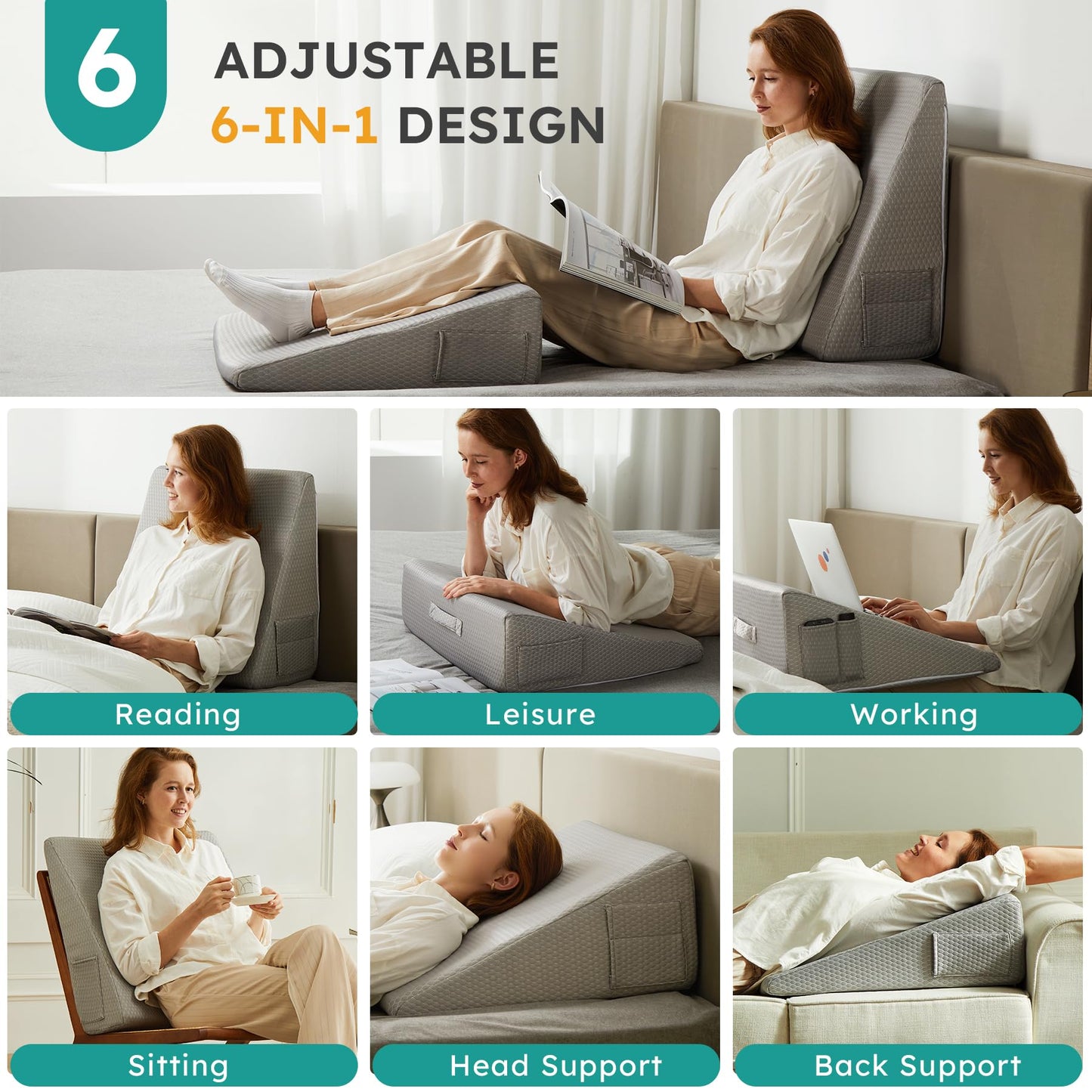 Bedluxe Wedge Pillow for Sleeping, 10 inch Elevated Support Bed Wedge Pillow, Breathable Triangle Pillow Wedge with Cooling Memory Foam Top - Removable Washable Cover, Grey