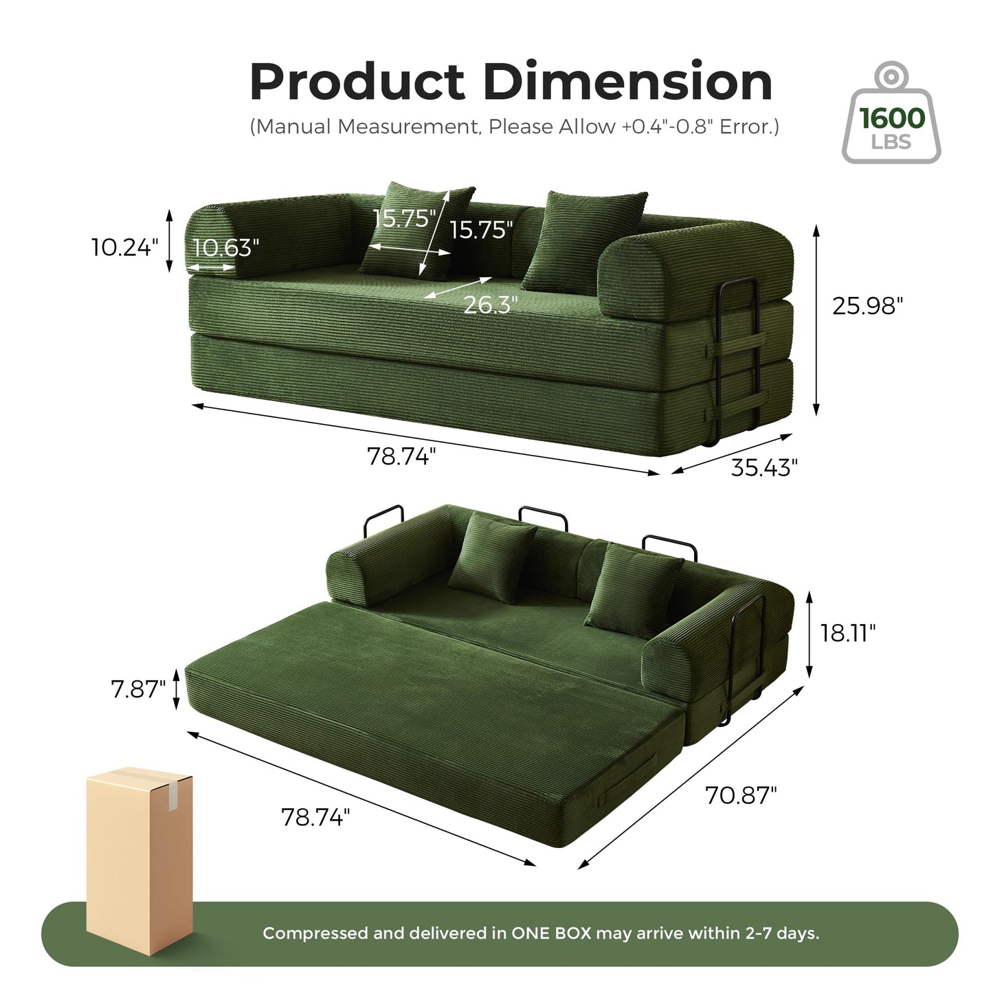79'' Convertible Sofa Bed, Modular Couch Bed for Small Spaces with 2 Pillow, Corduroy Fabric Sofa with Plush Memory Foam, Floor Sofa Lounge Couch for Living Room Bedroom Lounge Studio(Dark Green)