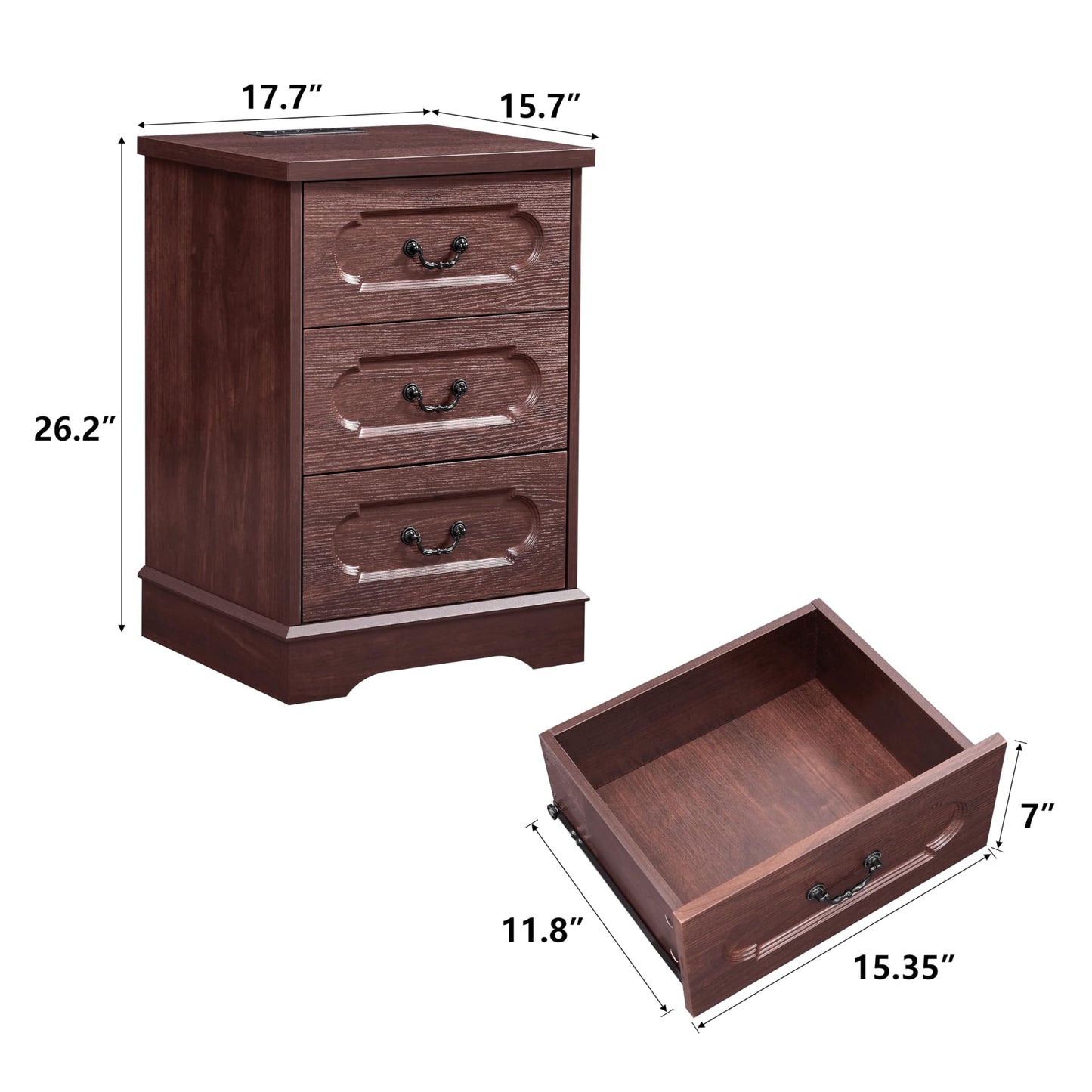 LIDYUK 3 Drawer Dresser for Bedroom Farmhouse Cherry Wood Chest of Drawers Bedroom Dresser with Charging Station, Rustic Small Drawers Dressers Nightstand Wooden Closet Storage Cabinet, Living Room