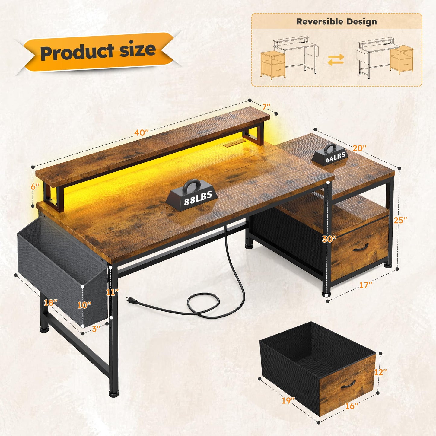 Computer Desk with Drawers and LED Lights,57" Gaming Desk with Power Outlets and Printer Space, Office Desk with File Drawers Cabinet,Study Table with Shelves Monitor Stand,Living Room,Rustic Brown