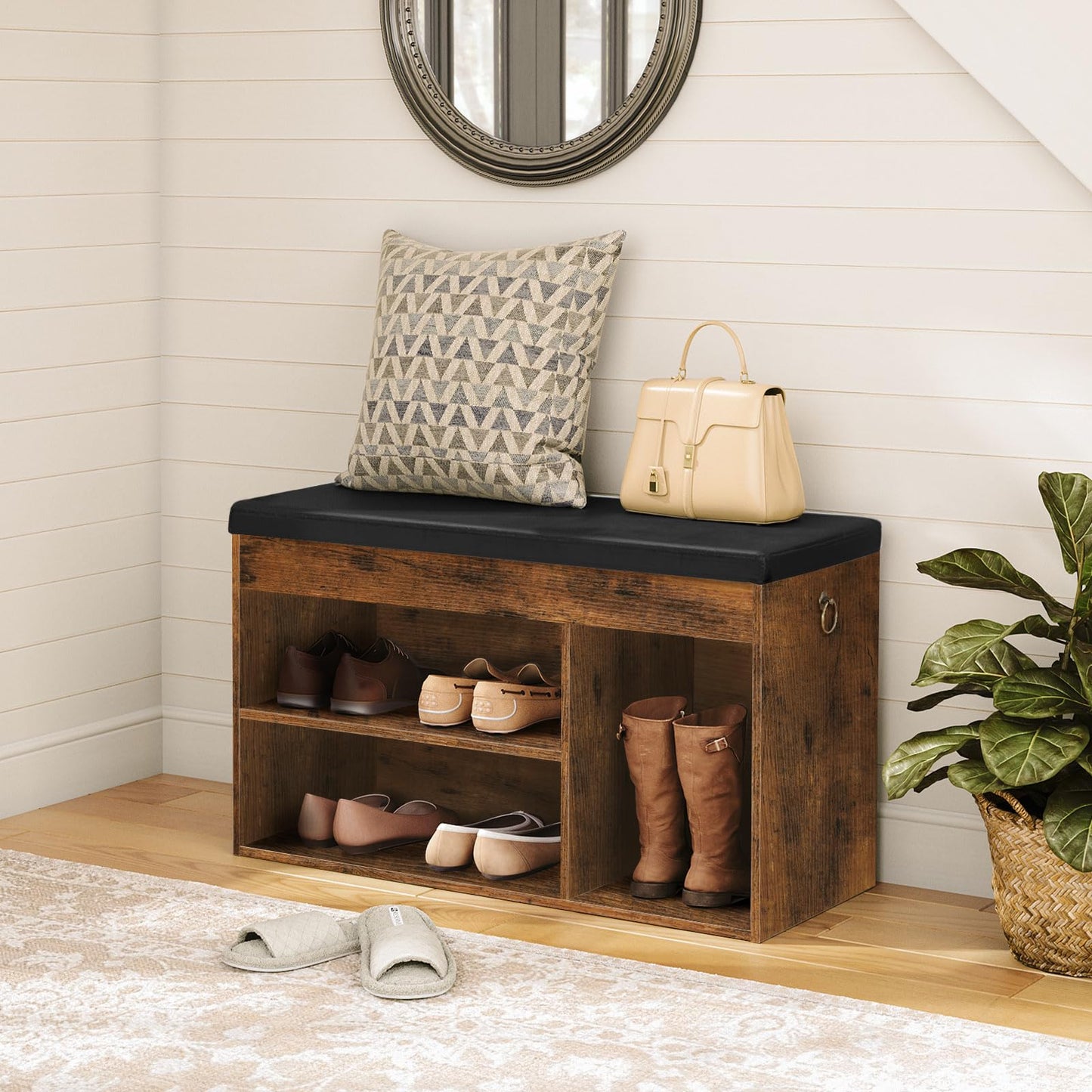 HOOBRO Shoe Storage Bench with Padded Cushion, Entryway Bench with Flip-Open Storage Box and Adjustable Shelf, Shoe Rack with Hidden Compartment, for Entryway, Living Room, Rustic Brown BF40HX01