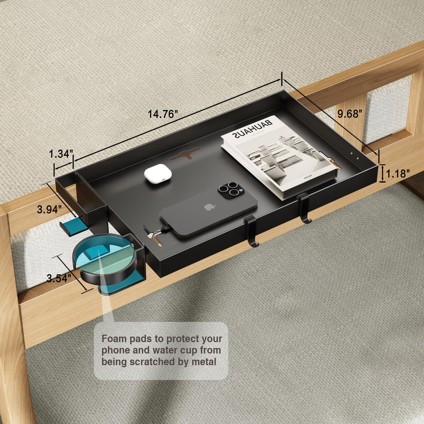 Magheo Bedside Shelf Metal,Bunk Bed Table Shelf for Top Bunk Heavy Duty Clip On Bed Side Table Tray for College Dorm Room,Loft Nightstand Organizer Tray with Removable Cup Holder & Phone Holder(Black)