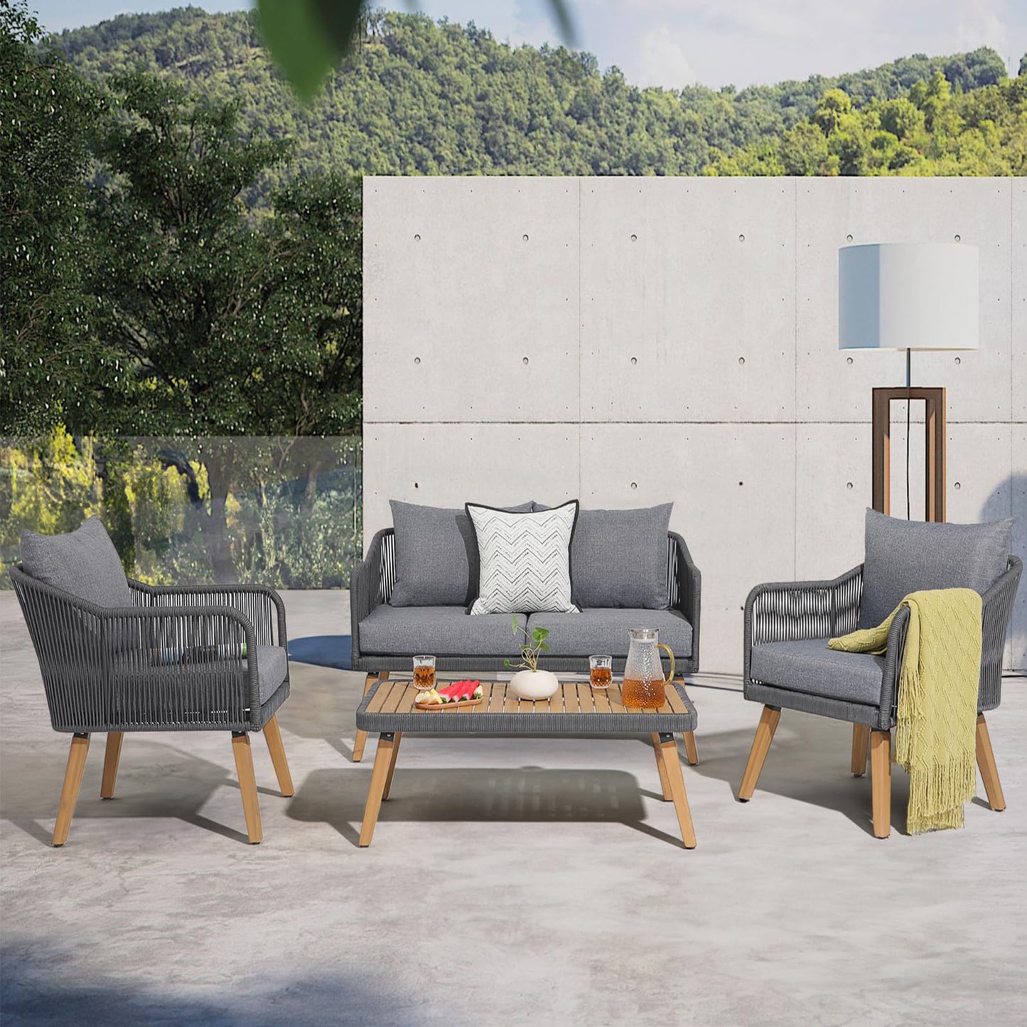 Patiorama 4-Piece Patio Furniture Set, Outdoor Acacia Wood Conversation Set, All-Weather Rope Sofa w/Coffee Table, Loveseat, Grey