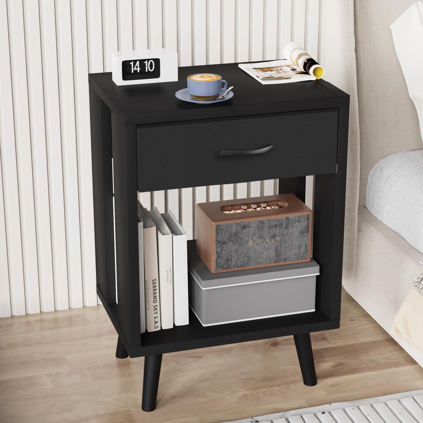 GYIIYUO Nightstands Set of 2 with Fabric Storage Drawer and Open Wood Shelf, Side Table with Storage for Bedroom, Night Stand with Drawer for Bedroom, Bedside Tables - Black 24" H