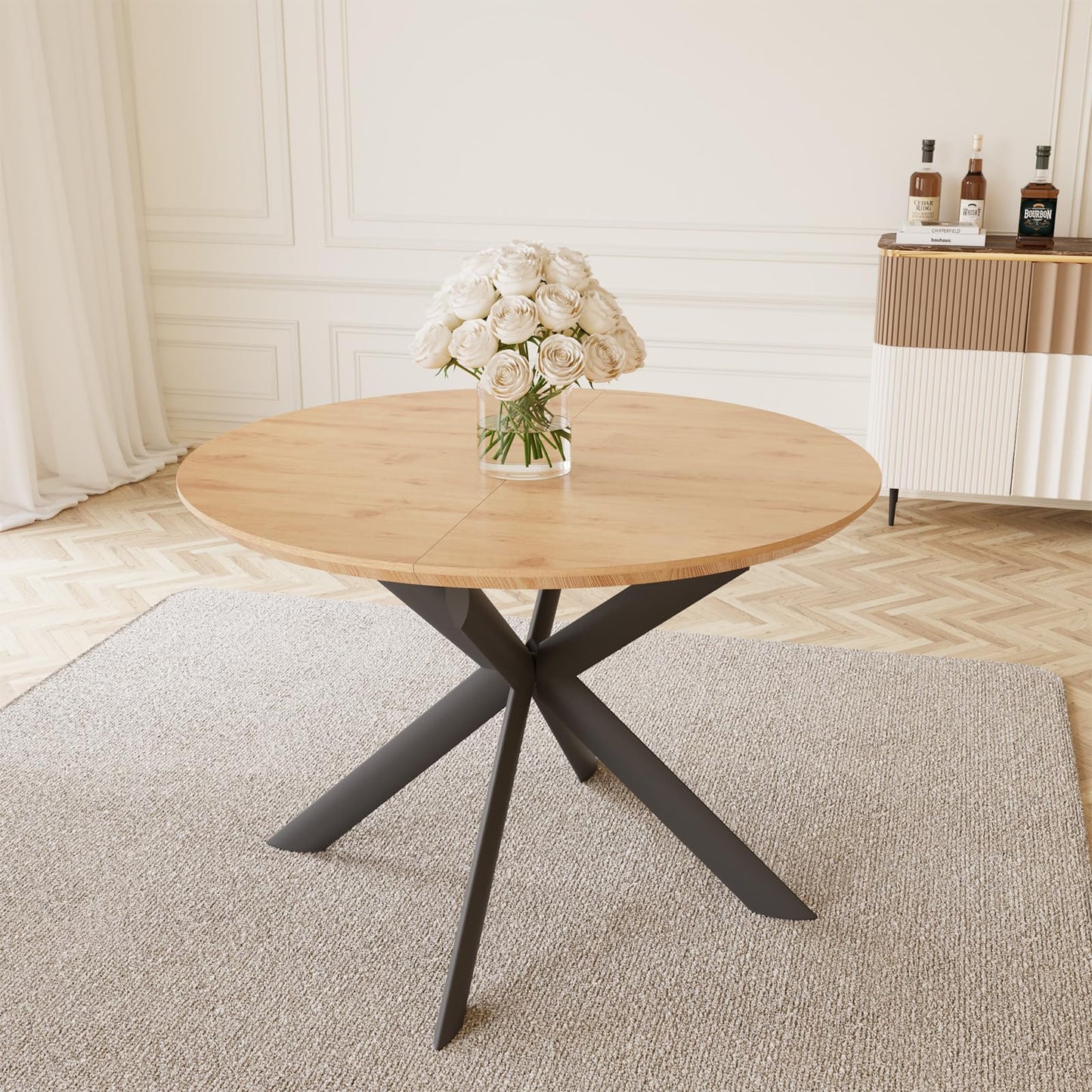 HIPIHOM 43.2"-59.1" Extendable Round Dining Table, Mid Century Modern Wooden Round Table, Leisure Oak Coffee Table,Saving Space