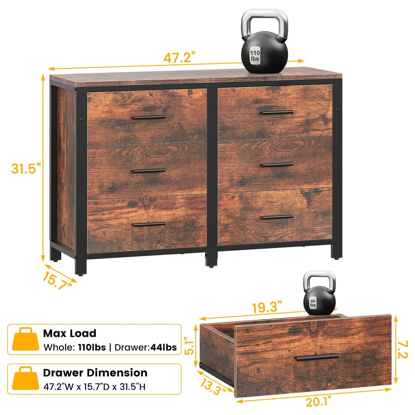 Frmobepts Rustic Brown Dresser for Bedroom, Wide Wood Dressers Furniture with 6 Wooden Drawer and Metal Frame, TV Stand with Deep Drawer (Rustic Brown)