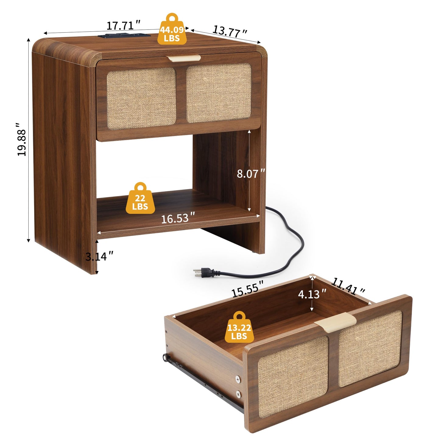 LEVNARY Nightstand Set of 2, Mid-Century Modern Bedside Table with Charging Station and Fabric-Like Textured Drawer, Wooden End Table for Farmhouse Bedroom Living Room (2, Walnut)