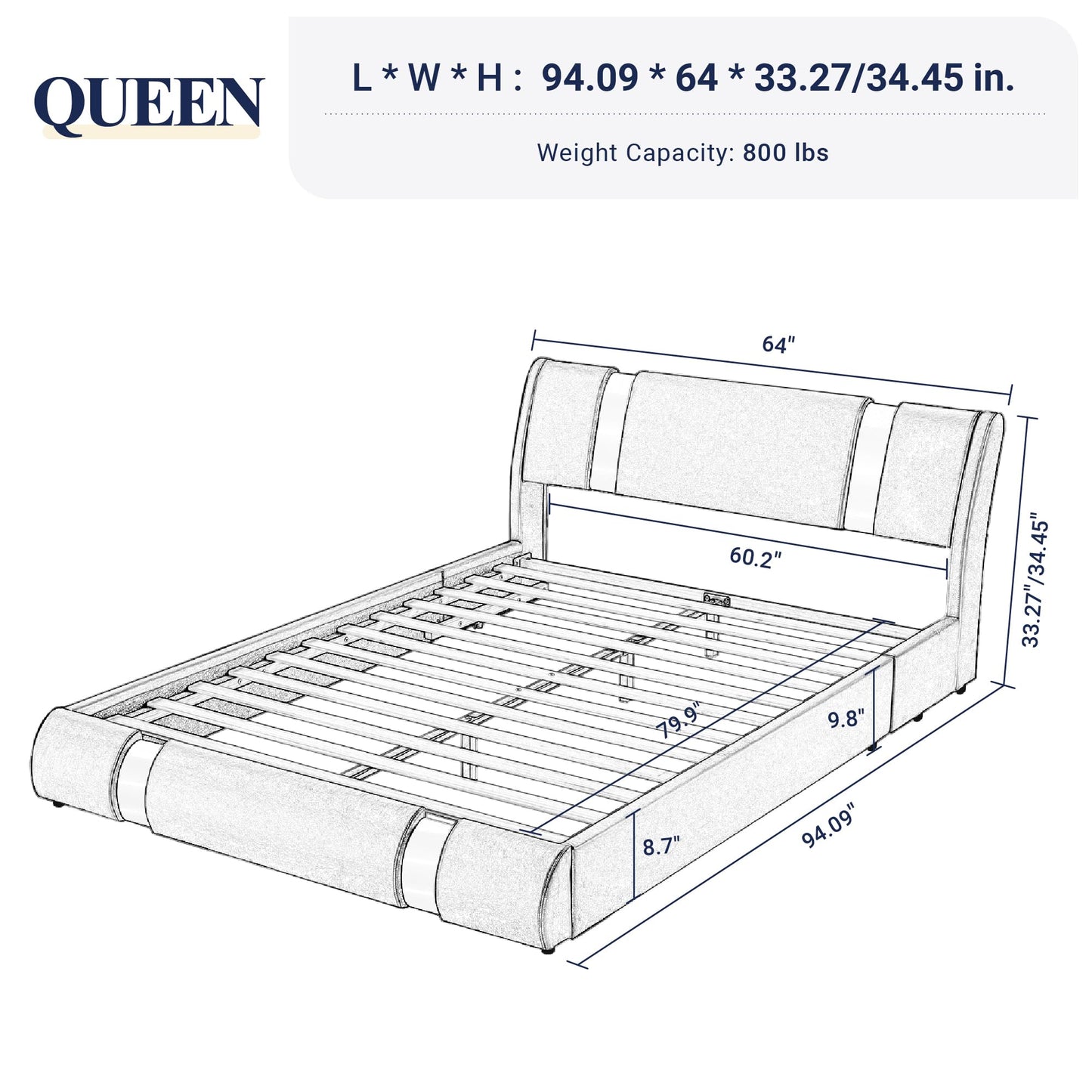 Allewie Queen Size Platform Bed Frame with Iron Piece Decor, Faux Leather Upholstered Bed with Curved Adjustable Headboard, Wooden Slats Support, No Box Spring Needed, Modern Style, White