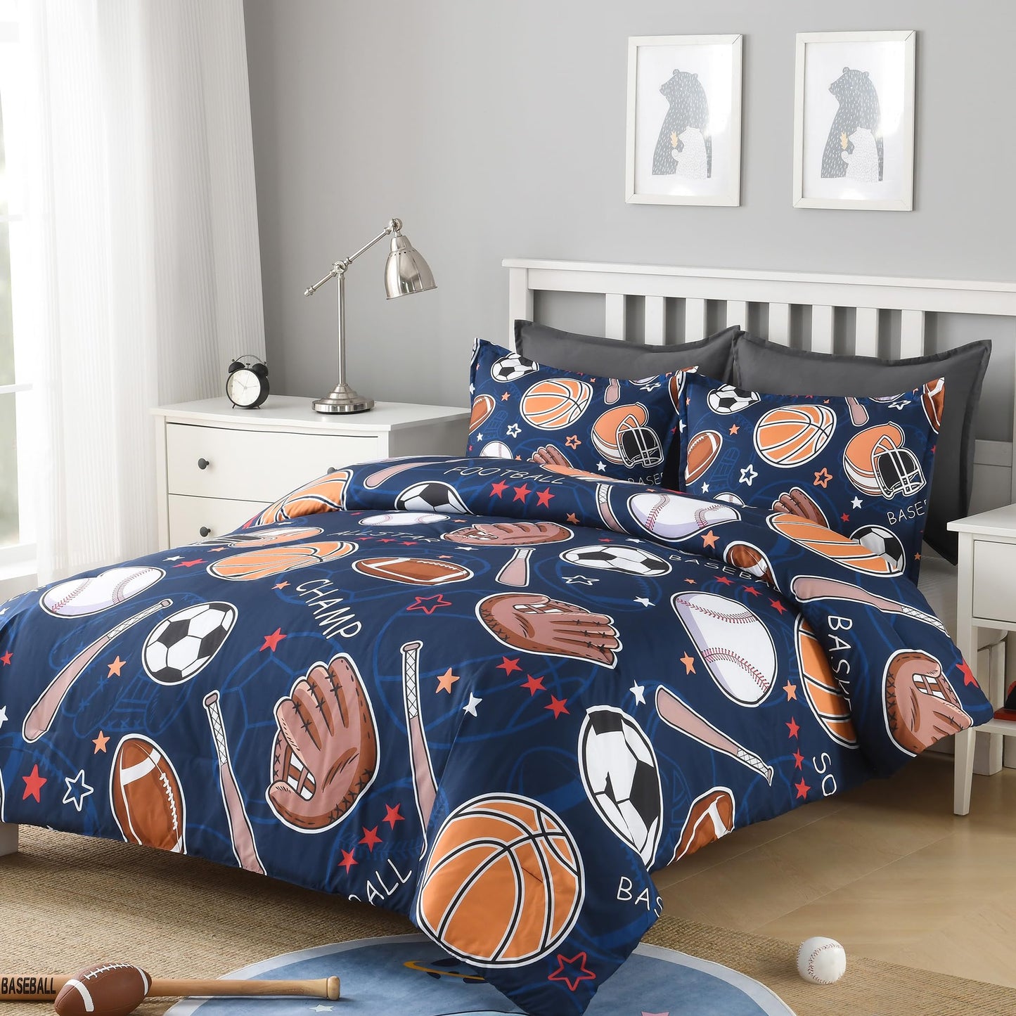 Andency Cartoon Ball Games Comforter Queen(90x90 Inch), 3 Pieces(1 Comforter, 2 Pillowcases) Soccer Basketball Baseball Football Comforter Set Sport Microfiber Bedding Set for Boys Girls Kids Teens