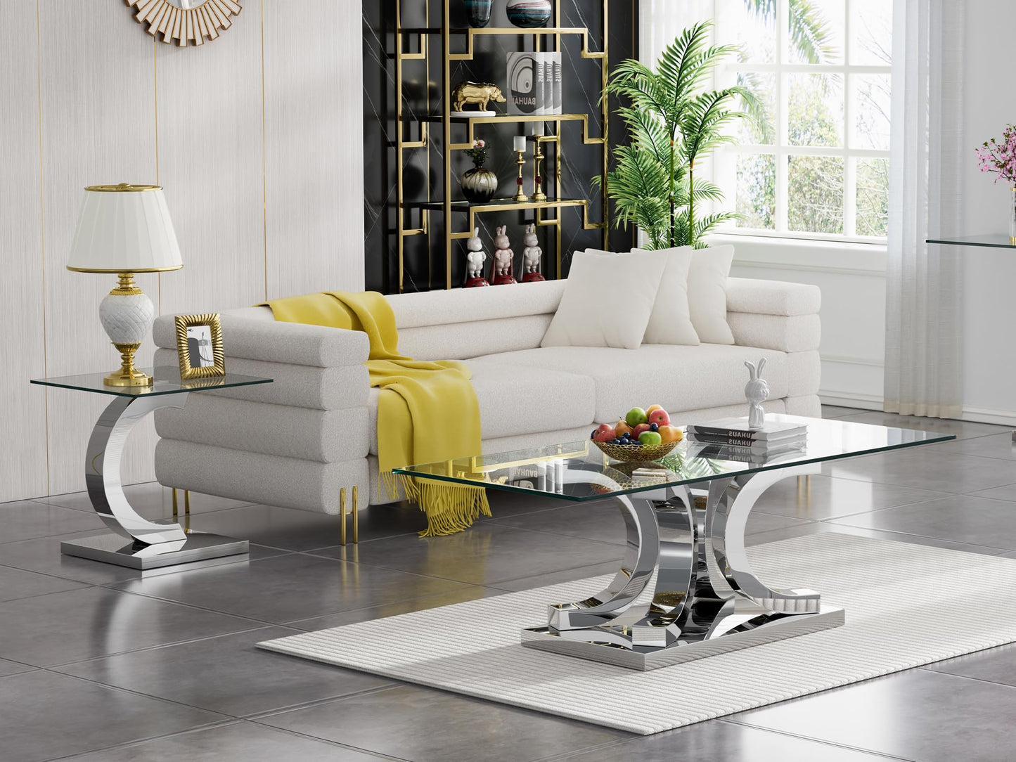 Modern Silver Glass Coffee Table Set of 3, Clear Glass Coffee Table and 2 End Side Table Set with Stainless Steel Frame, Luxury Silver 3 Piece Living Room Table Set for Home Office Apartment
