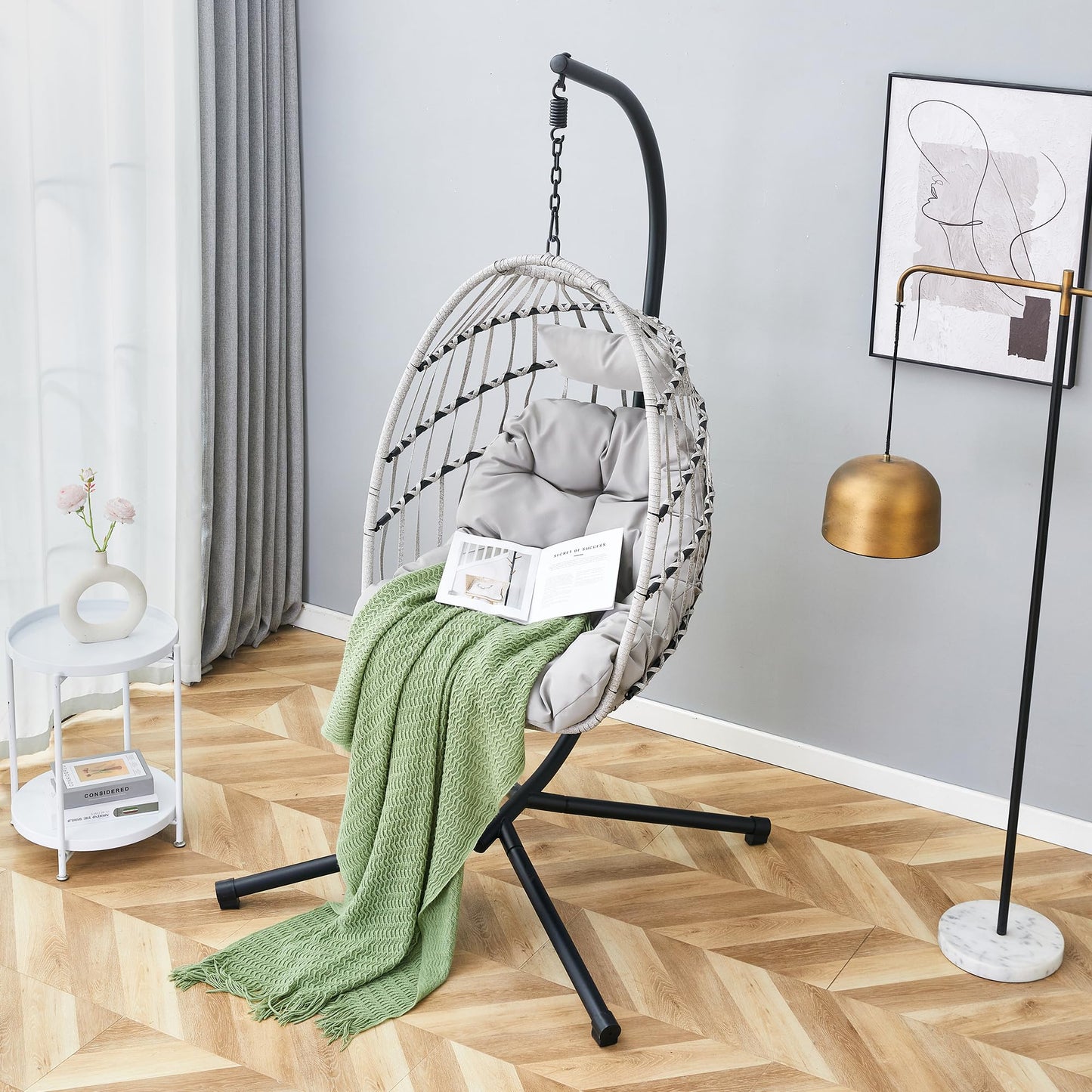 Swing Egg Chair with Stand, Outdoor Hanging Chair with Cushion and Headrest, Rattan Egg Chair for Backyard, Balcony, Indoor, 300lbs Capacity, Grey