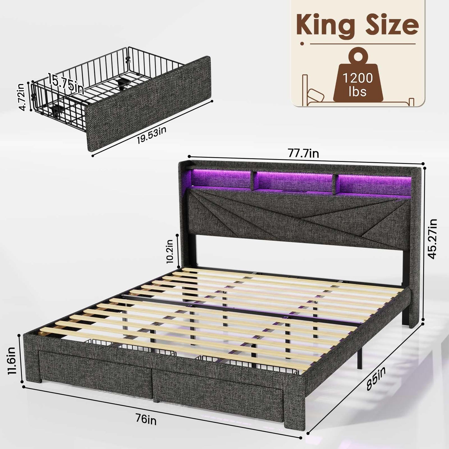 Driftalia LED King Size Bed Frame with 2 Storage Drawers, Upholstered King Bed Frame with Headboard and Charging Station, No Box Spring Needed, Easy to Assembly-Dark Grey
