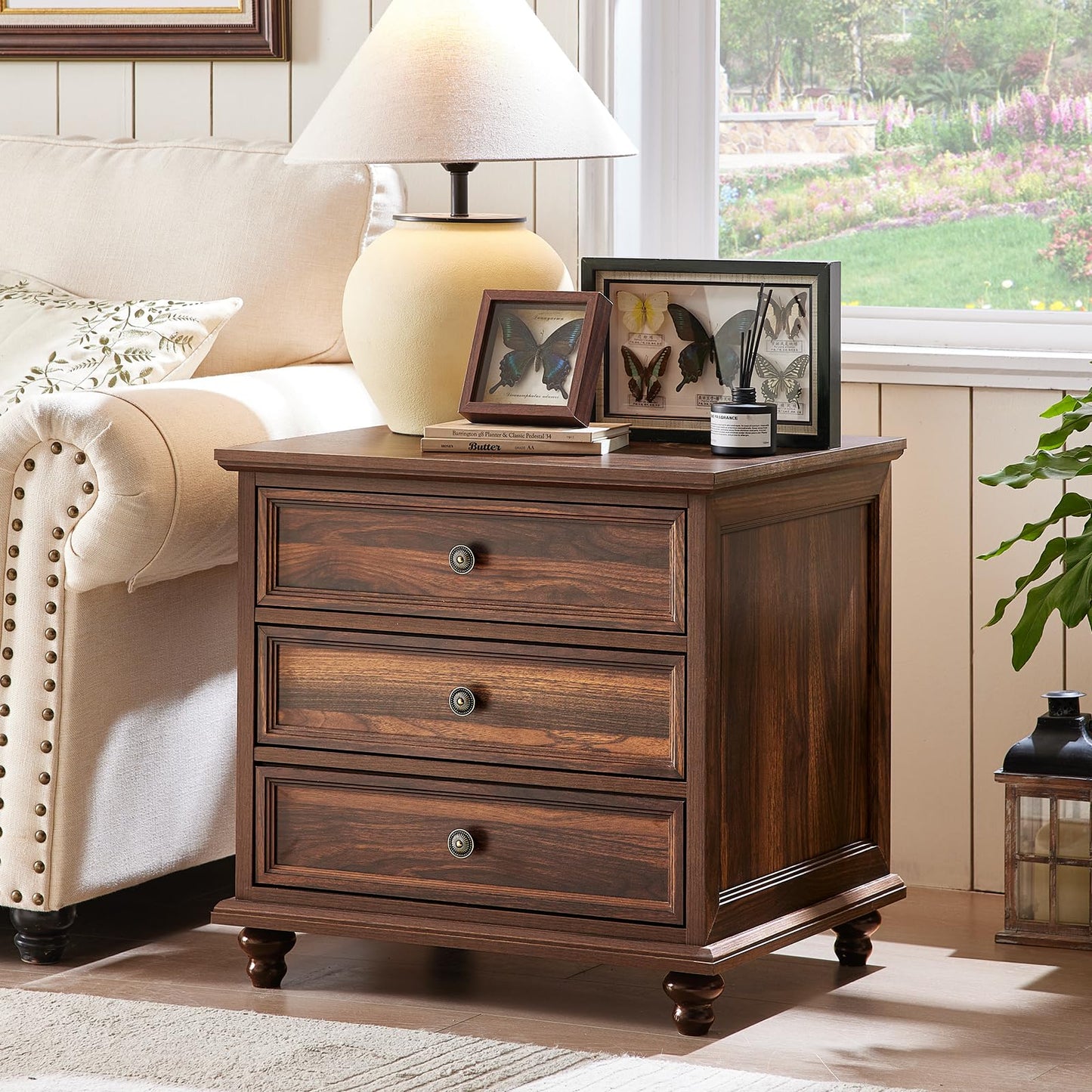 Joaxswe 24" Wide Farmhouse Night Stand Set of 2,Large End Table with 3 Drawers & Metal Handle,Brown Wood Dresser for Bedroom Cabinet, Bed Side Table Chest of Drawers,Nightstand for Living Room,Closet
