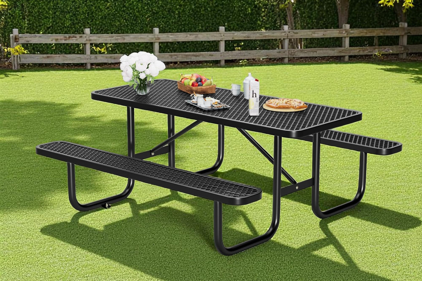 HIMcup 6 FT Metal Picnic Tables for Outside, Outdoor Coated Steel Heavy Duty Commercial Picnic Table with Benches, Patio Table Rectangular Furniture Set for Garden, Lawn, Shops, Parks
