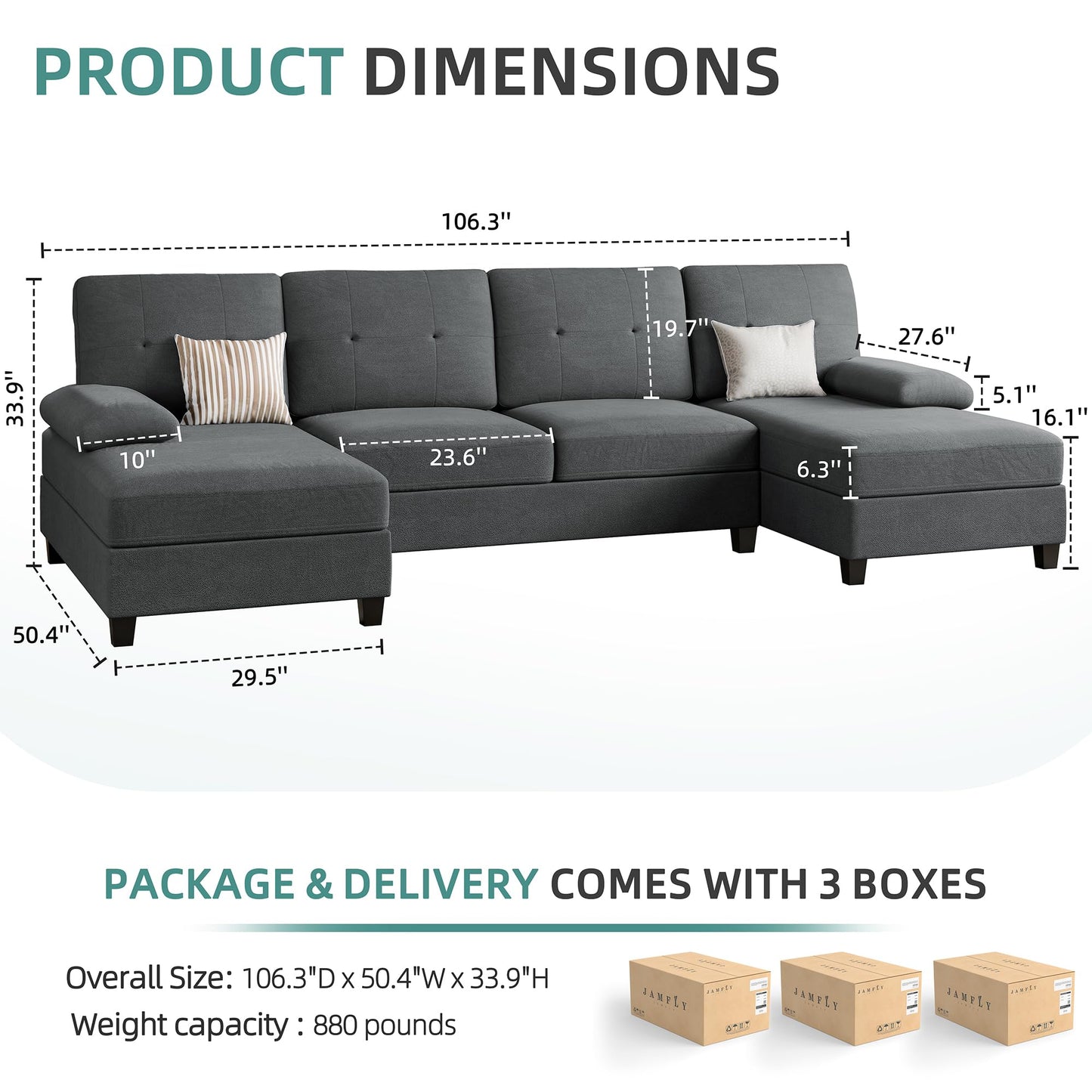 JAMFLY Sectional Sofa Couches for Living Room, U Shaped Sofa Living Room Furniture Sets, 4 Seat Modular Sectional Couch with Chaise, Black Grey