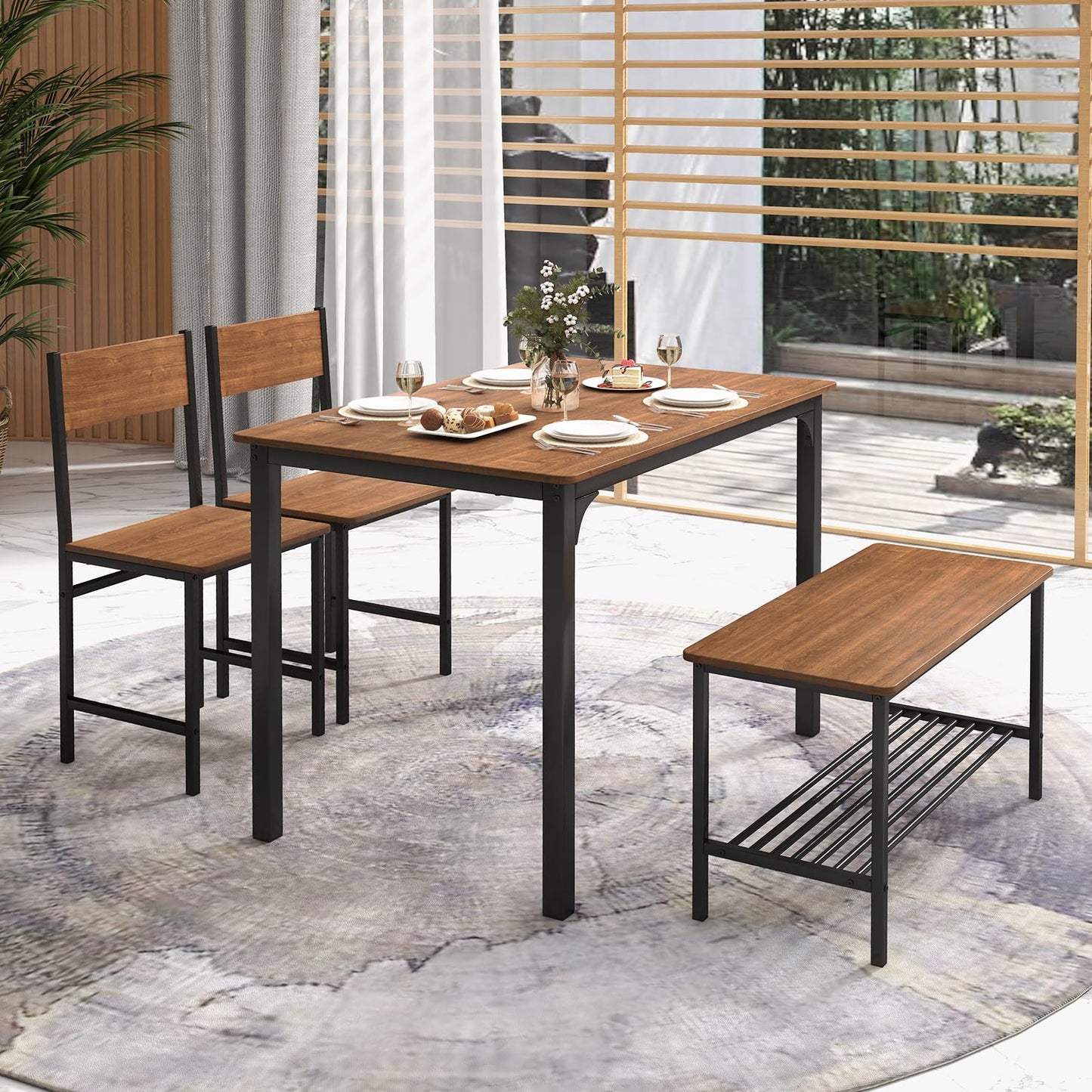 ReunionG Dining Table Set for 4, Modern Dinette with 1 Bench & 2 Chairs, Storage Shelf, 4-Piece Kitchen Table for Small Space, Apartment, Dining Room, Restaurant (Rustic Brown)
