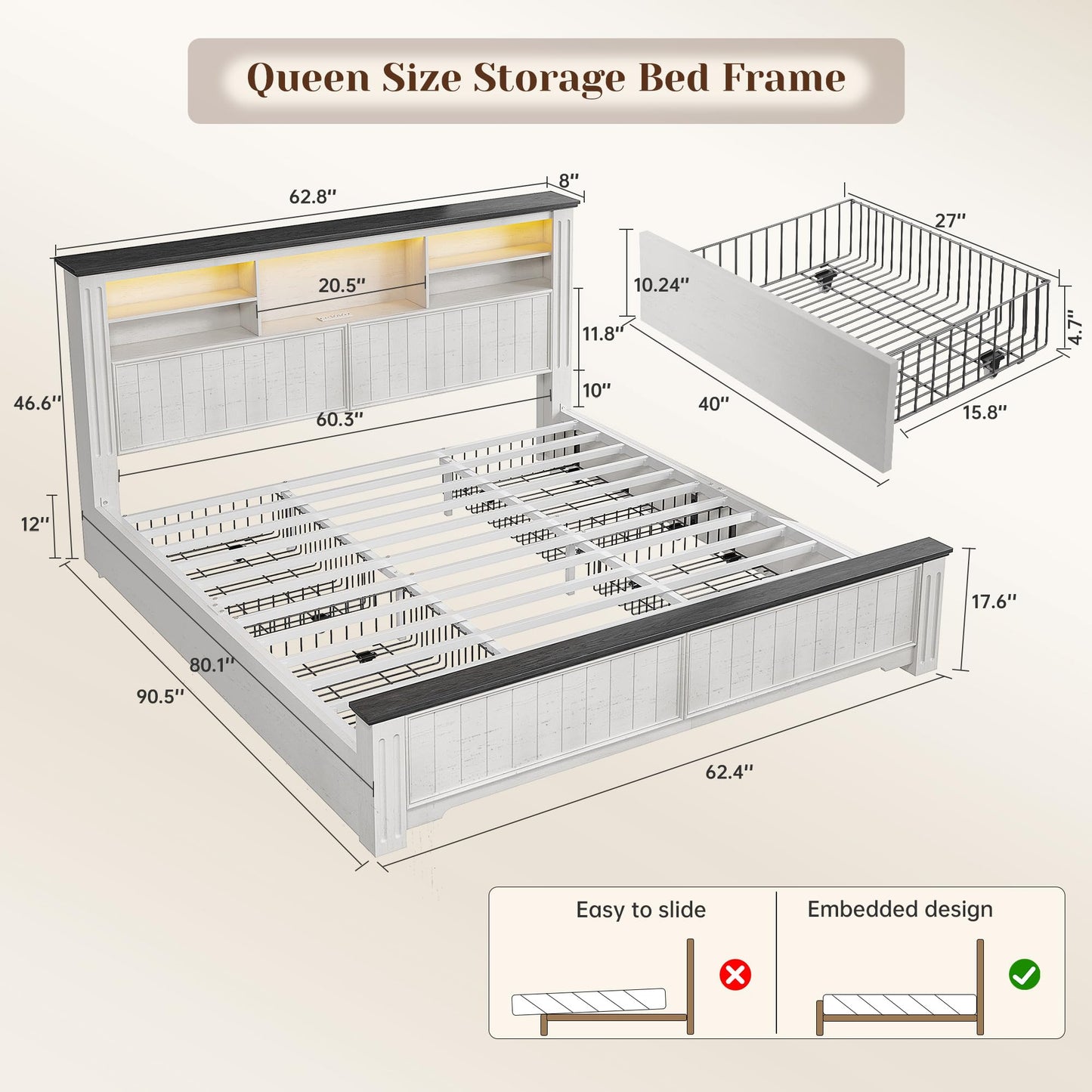 EnHomee Queen Bed Frame with Headboard and Storage, 4 Drawers and LED Built in Charging Station Bed Frame Queen Size with Storage Farmhouse, NO Noise,No Box Spring Needed, White
