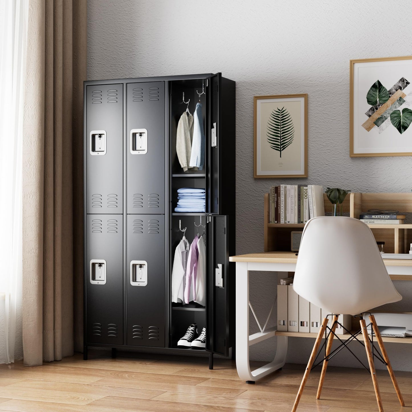 Aobabo Metal Locker for Employees, 6 Doors Metal Locker Cabinet with Lock, Industrial Storage with 18 Hooks, Storage for Office Gym, Dormitory, Assembly Required, Black