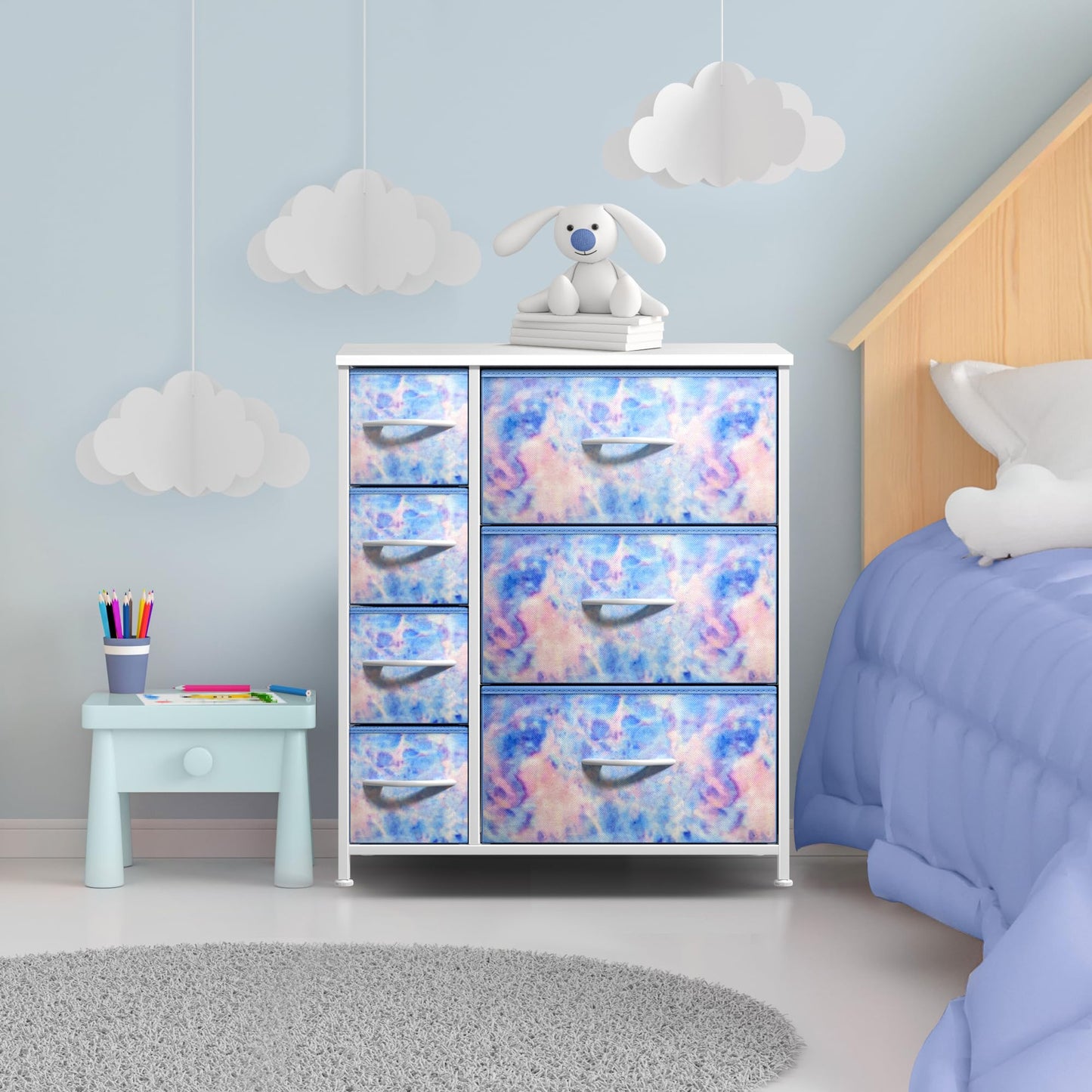 Sorbus Kids Dresser with 7 Drawers - Storage Chest Organizer Unit with Steel Frame, Wood Top & Handles, Tie-dye Fabric Bins for Clothes - Wide Furniture for Bedroom Hallway Kids Room Nursery & Closet