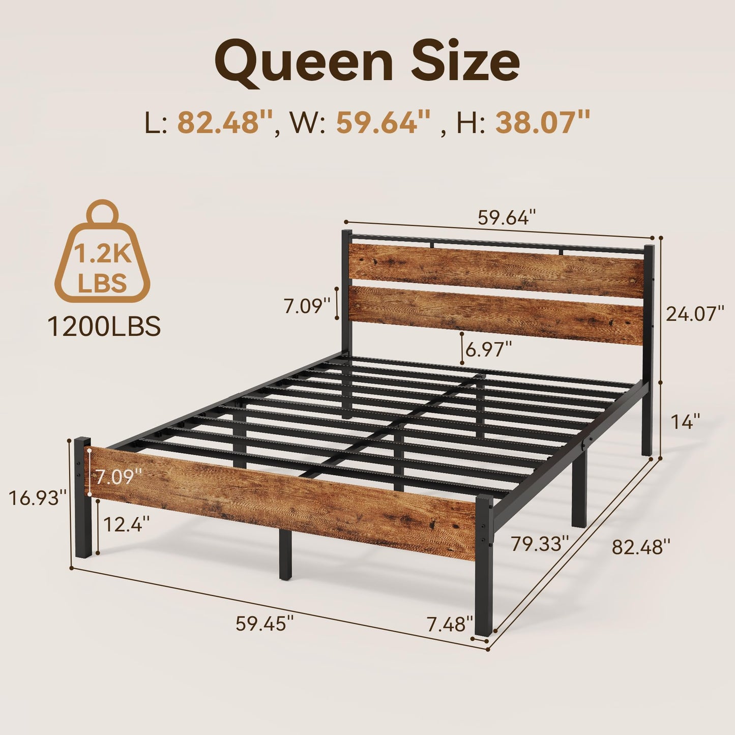 BedsPick 14 Inch Queen Bed Frame Sturdy Metal Bed Frame Queen Size with Wooden Headboard and Footboard, Noiseless/12.4" Under Bed Space/Durable Support//No Box Spring Needed/Anti-Slip, Brown