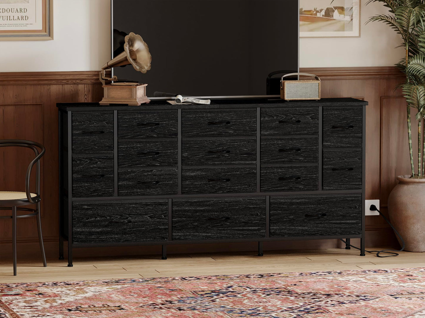 Fixwal 63.3 Inch TV Stand for 65 55 Inch TV Long Black Dresser for Bedroom, 16 Drawer Dresser with Power Outlets, Fabric Chest of Drawers for Bedroom, Entryway, Black