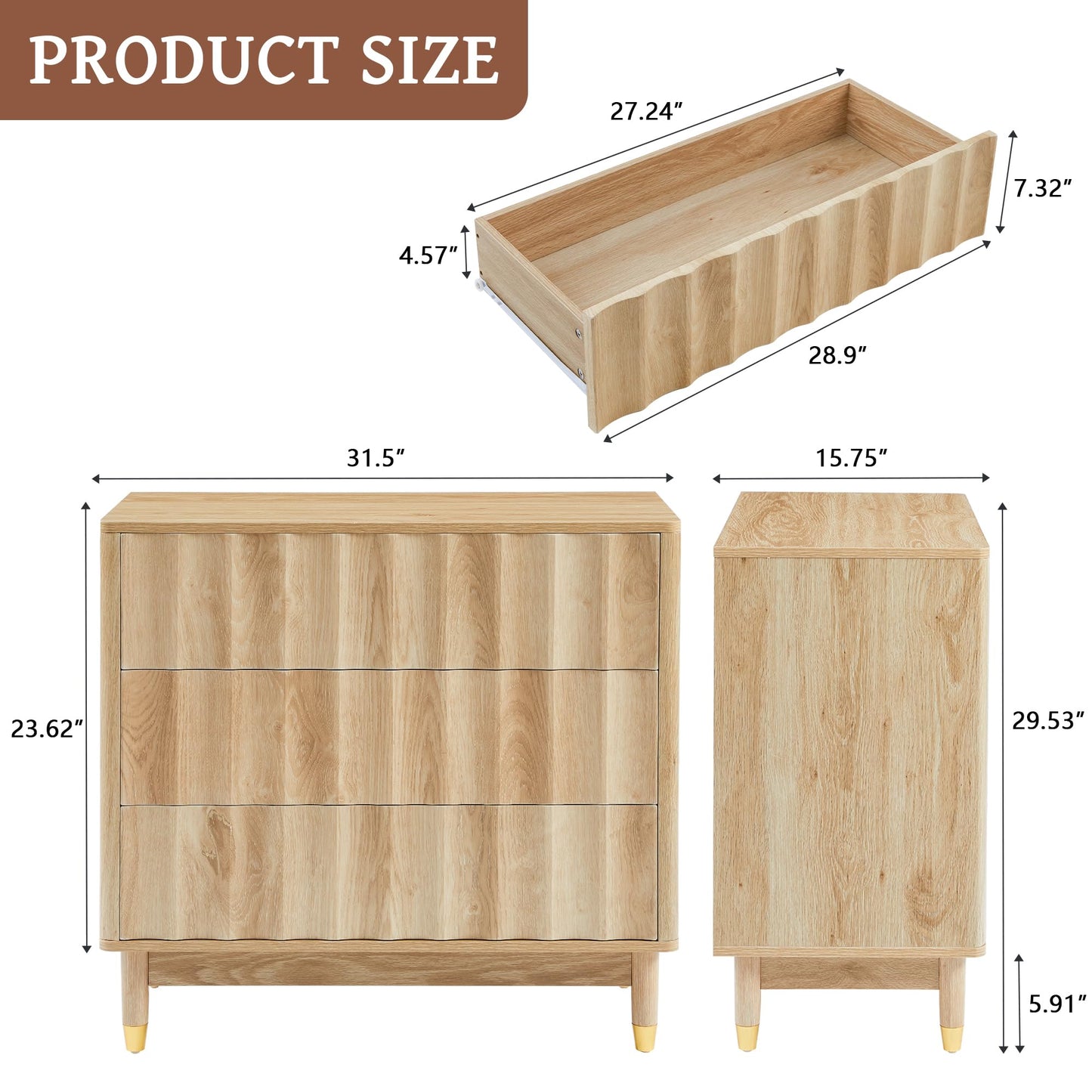 Caspellaire Fluted 3 Drawer Dresser, 31.50" Wide Modern Chest of Drawer, Wood Drawer Organizer for Bedroom, Living Room, Hallway