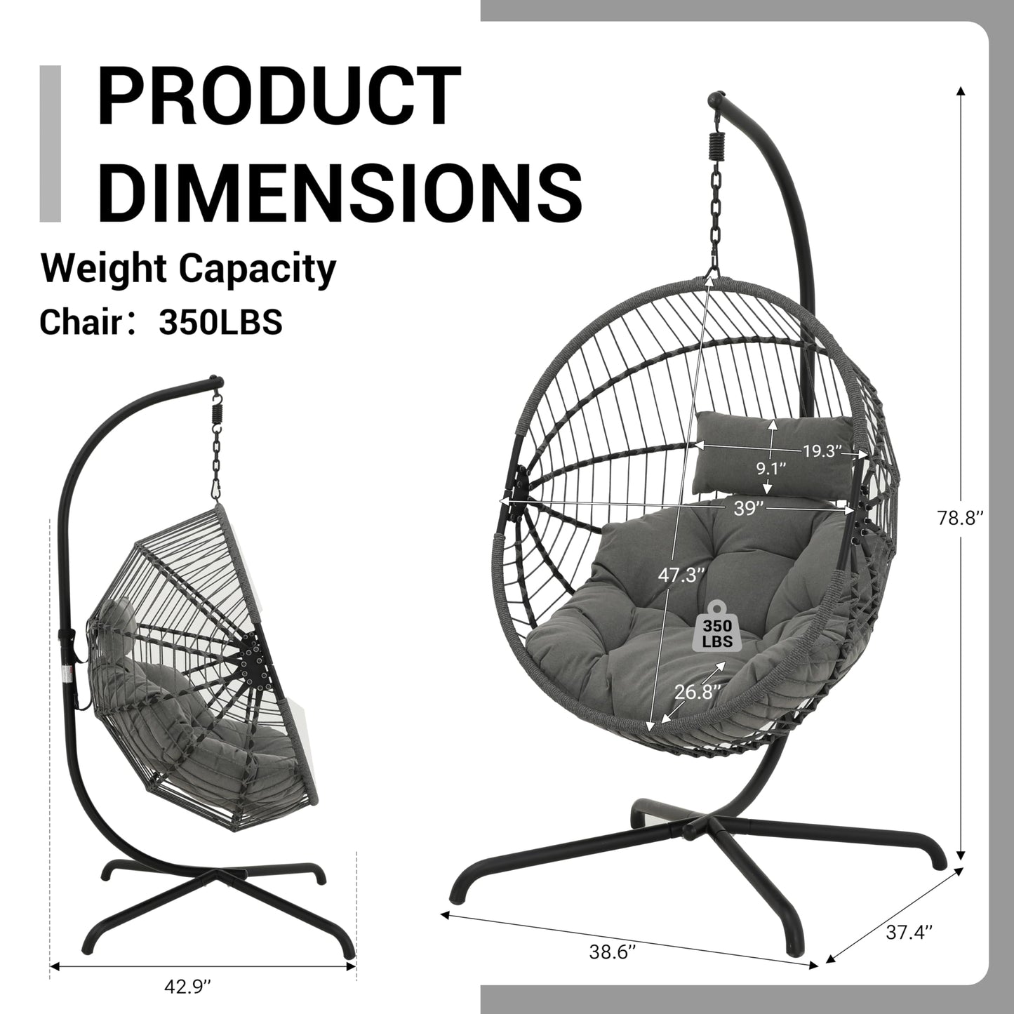 GREEN MORE Oversized Egg Swing Chair with Stand, Hanging Swing Chair, Foldable Hammock Chair with Steel Frame, 350LBS Capacity for Patio Garden Bedroom, Grey