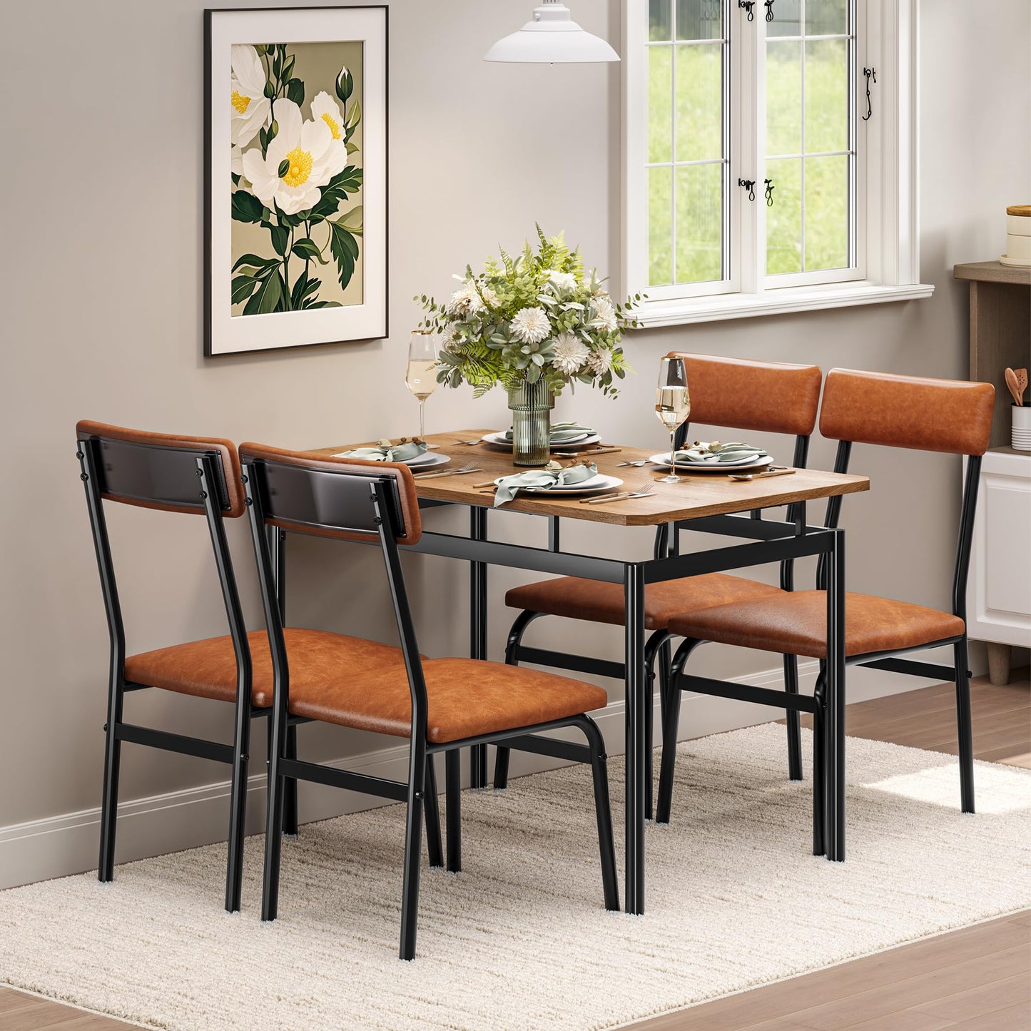 GarveeHome 5 Piece Dining Table Set, Wooden Kitchen Table Set with 4 PU Upholstered Chair, Industrial Metal Frame Dinette Set for Dining Room, Home Dinner, Party, Apartment, Brown
