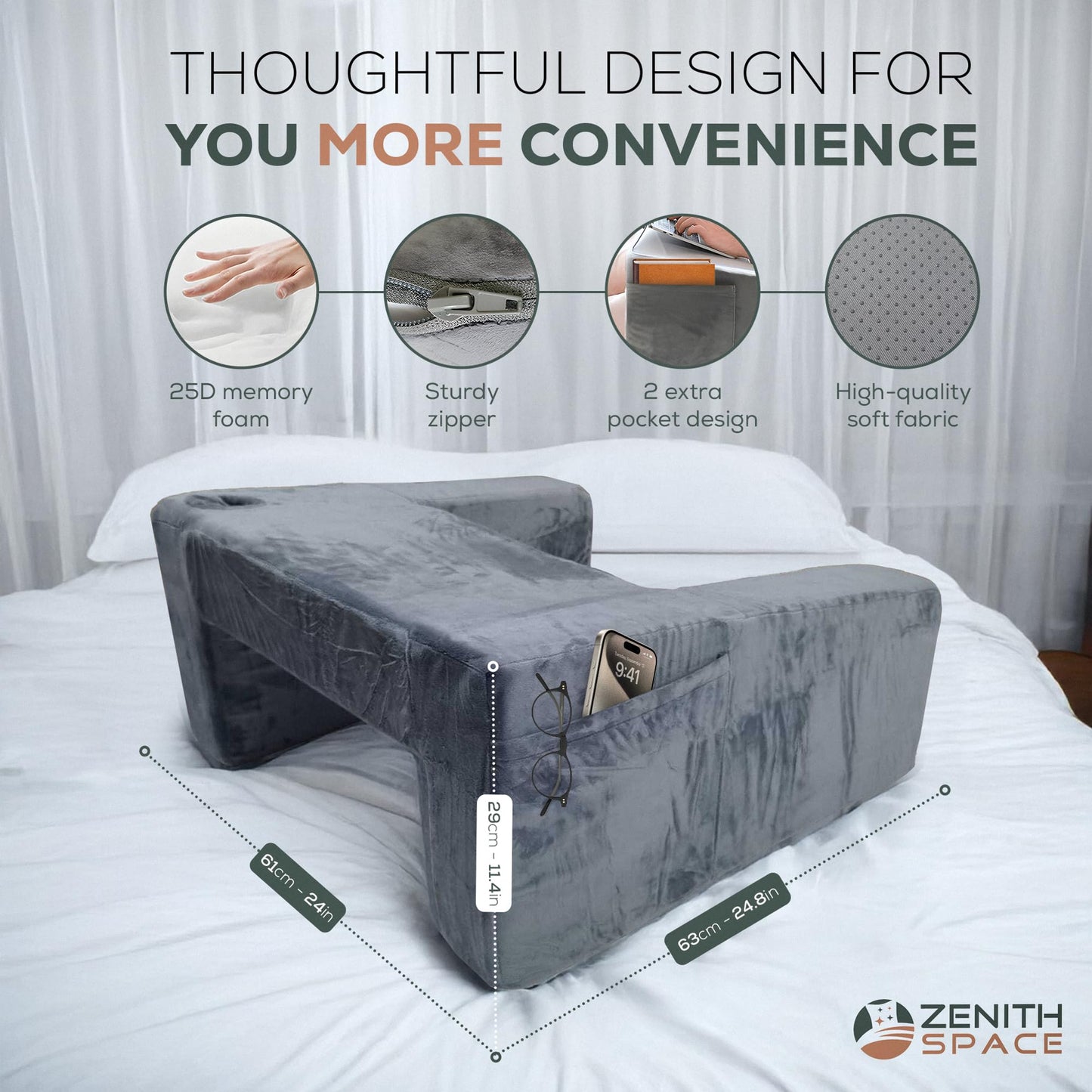Zenith Space - Reading Pillow for Lap to Improve Your Reading Experience - Memory Foam Adult Gaming Pillow for Bed with Cup Holder - Allow 24β72 hrs to Fully Expand - Maximizing Your Comfort
