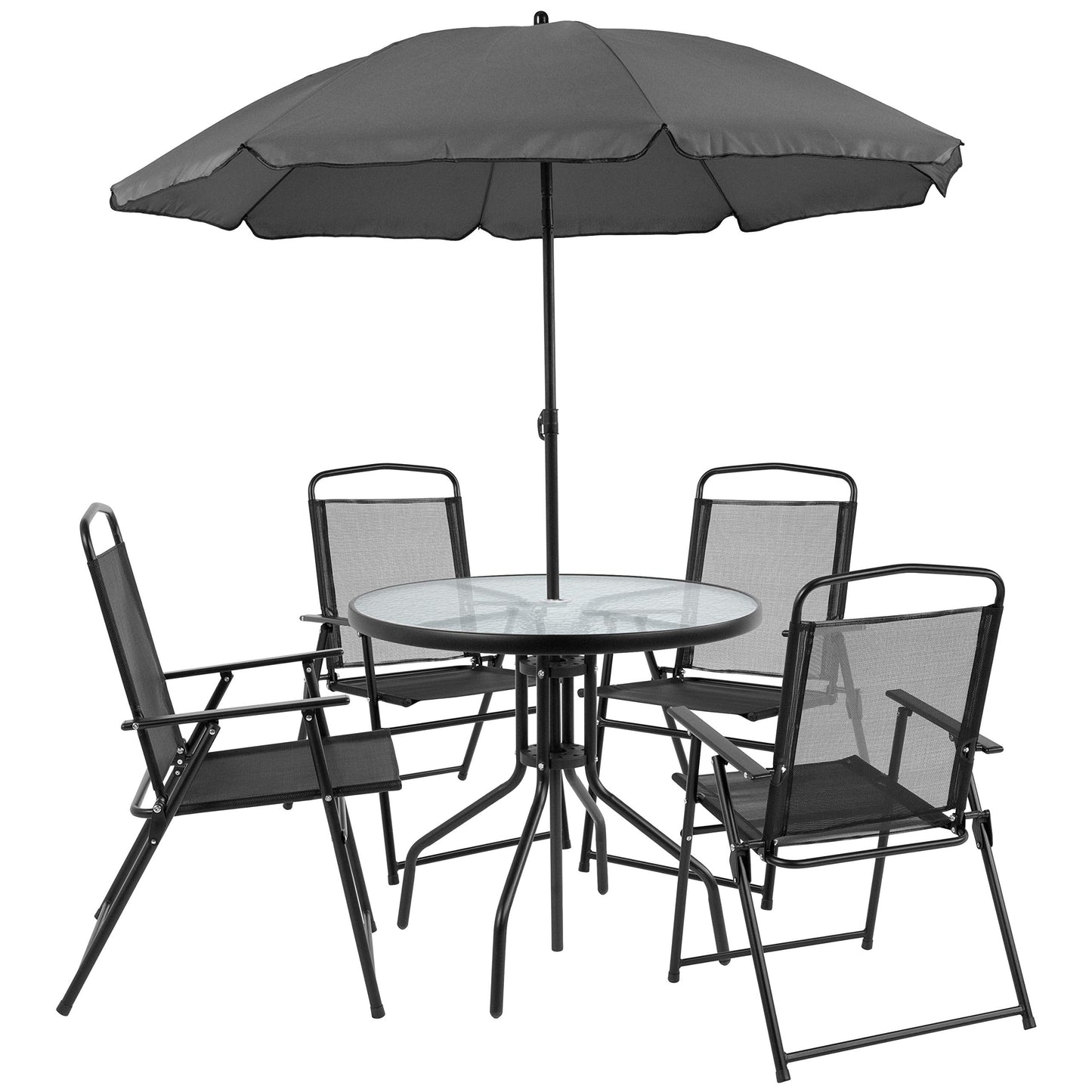 EMMA + OLIVER 6 Piece Black Patio Garden Set with Umbrella Table and Set of 4 Folding Chairs