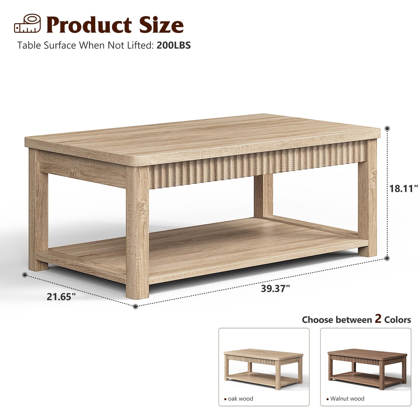 Homkdom Coffee Table, 39 Inch Modern Coffee Tables for Living Room with 2-Tier Storage & Wave-Edge, Oak Center Table for Bedroom/Office