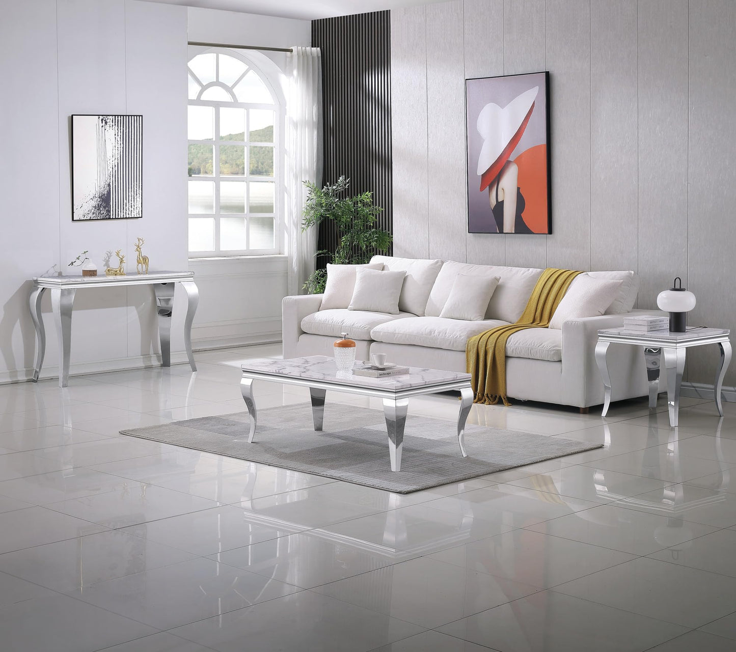 SSLine Modern 3 Piece Living Room Table Set, Includes 1 Coffee Table & 2 End Tables, Luxury Faux Marble Coffee End Table Set with S-Shape Stainless Steel Legs (White Marble& Silver3)