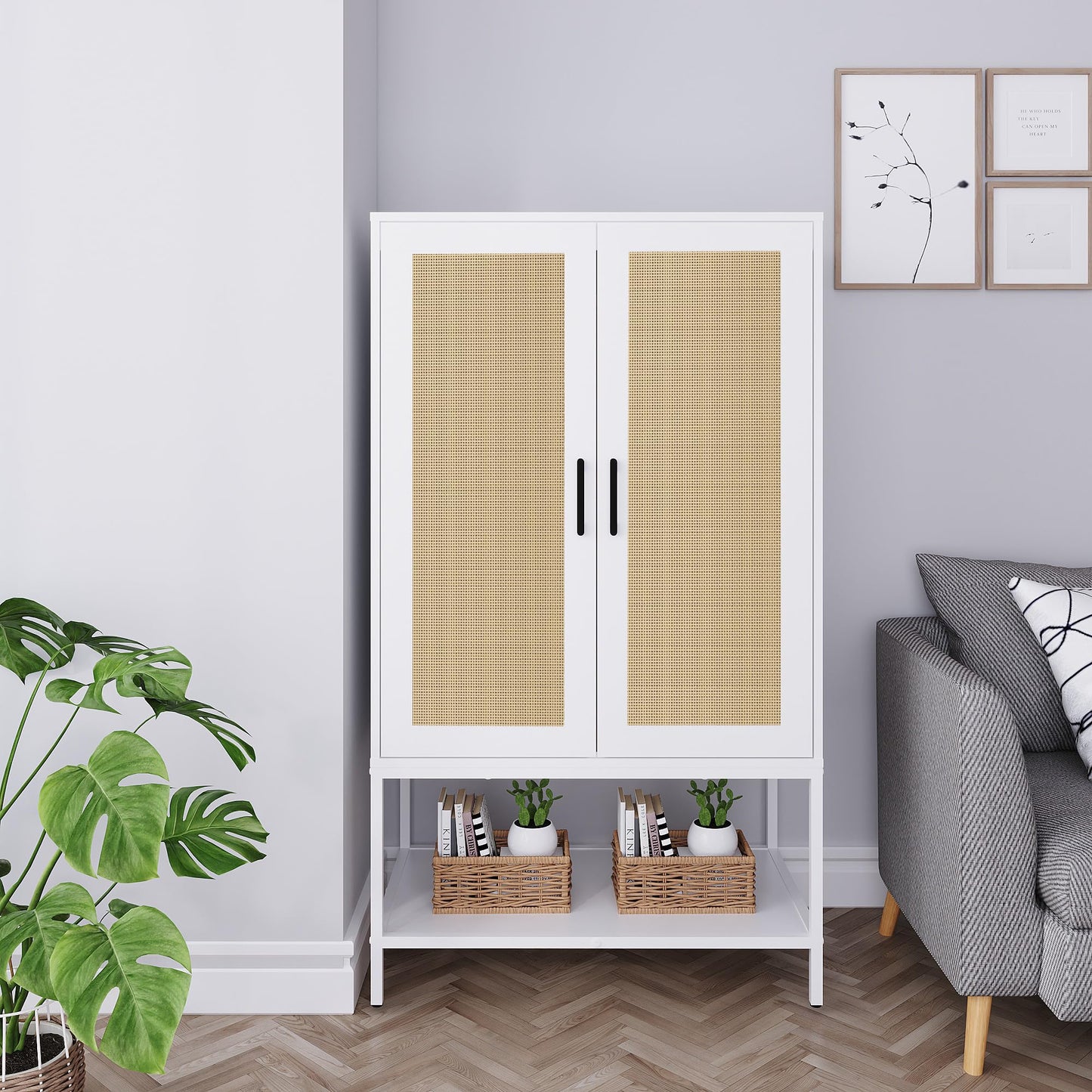 BOCVKENN Wardrobe Closet,Rattan Bedroom Armoires with 2 Doors,Wooden Wardrobe Cabinet with Shelves and Hanging Rod for Clothes,White