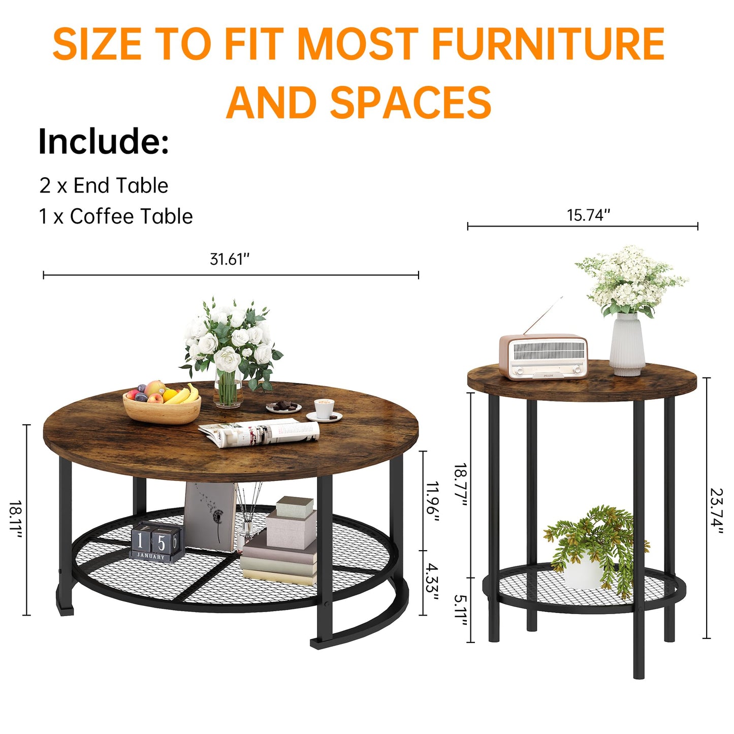 DKLGG 3-Piece Coffee Table and End Table Sets for Living Room, Round Coffee and End Table Set of 3 with Large Storage, Modern Farmhouse Furniture for Apartment Home (Rustic Brown)