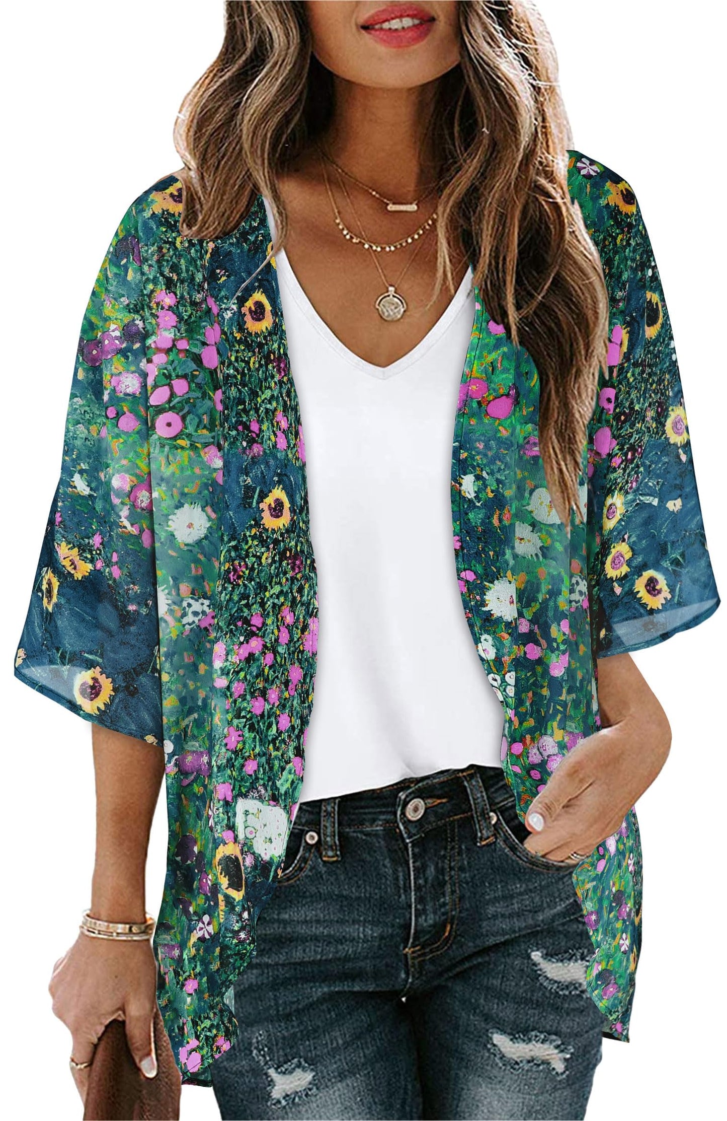 Summer Kimono Cardigan for Women Sheer Hawaii Tops Casual Open Front Swimwear Shirts Beach Cover ups (Green Daisy,S)