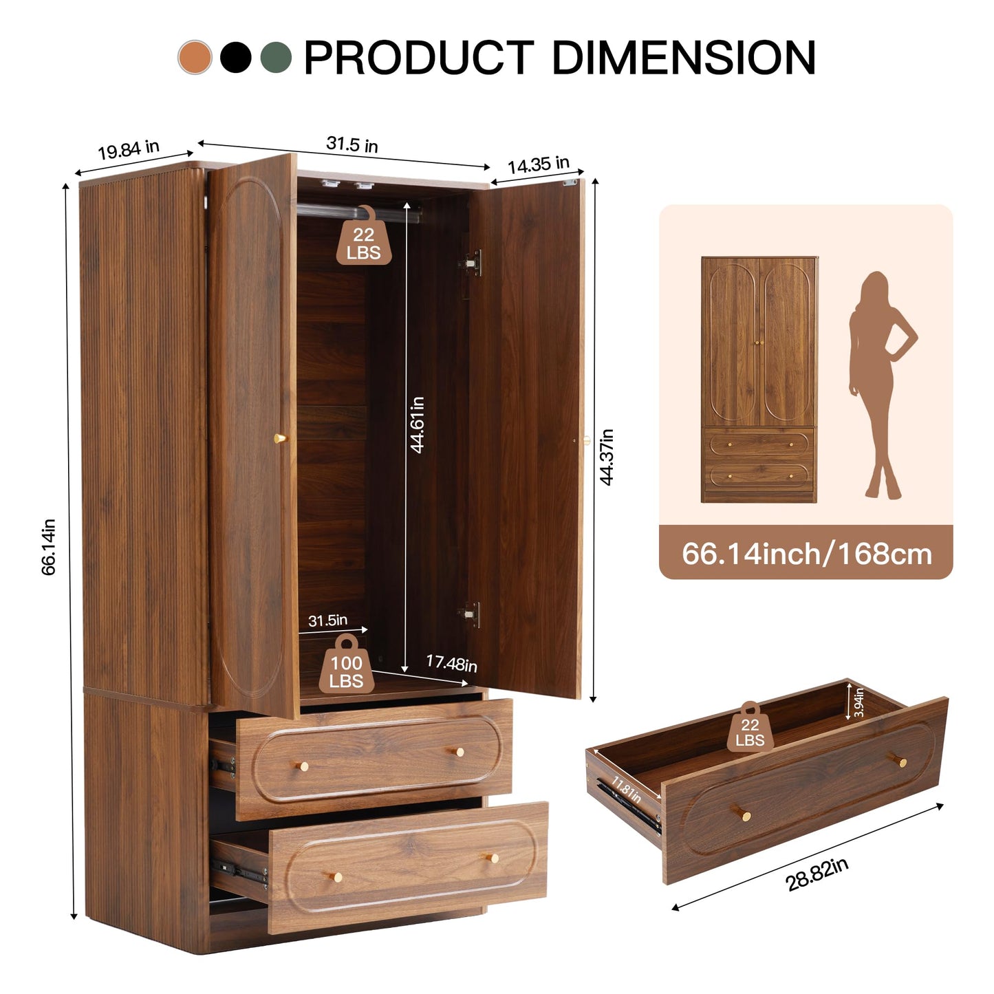 ORRD Fluted Freestanding Armoire Wardrobe Closet with 2 Doors and 2 Storage Drawers, Large Capacity Wardrobe Cabinet, Wooden Closet for Bedroom, Living Room - Walnut