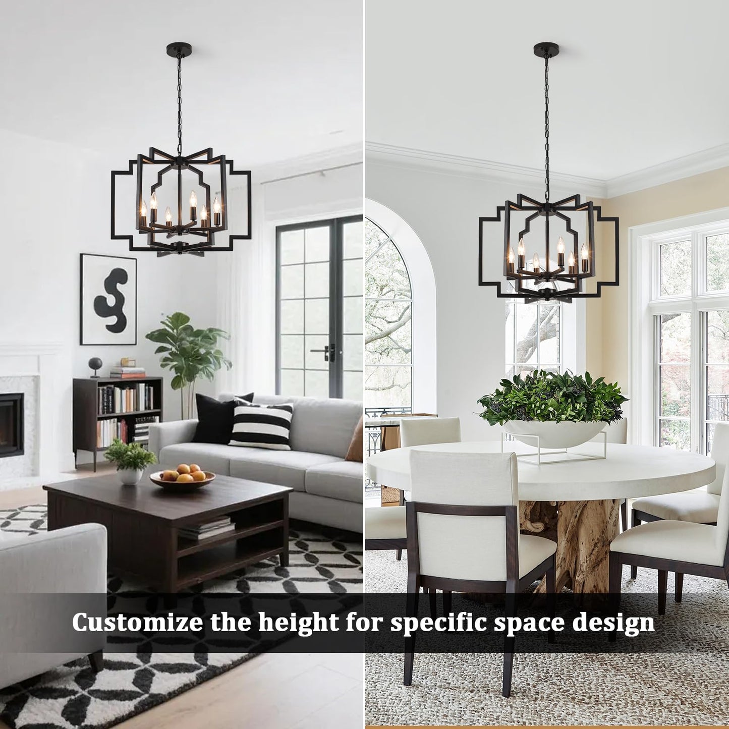 ASHUAQI 6-Lights Black Chandelier for Dining Room, Modern Farmhouse Chandelier Over Table, Geometric Metal Hanging Light Fixture for Kitchen Island Living Room Entryway Foyer Hallway