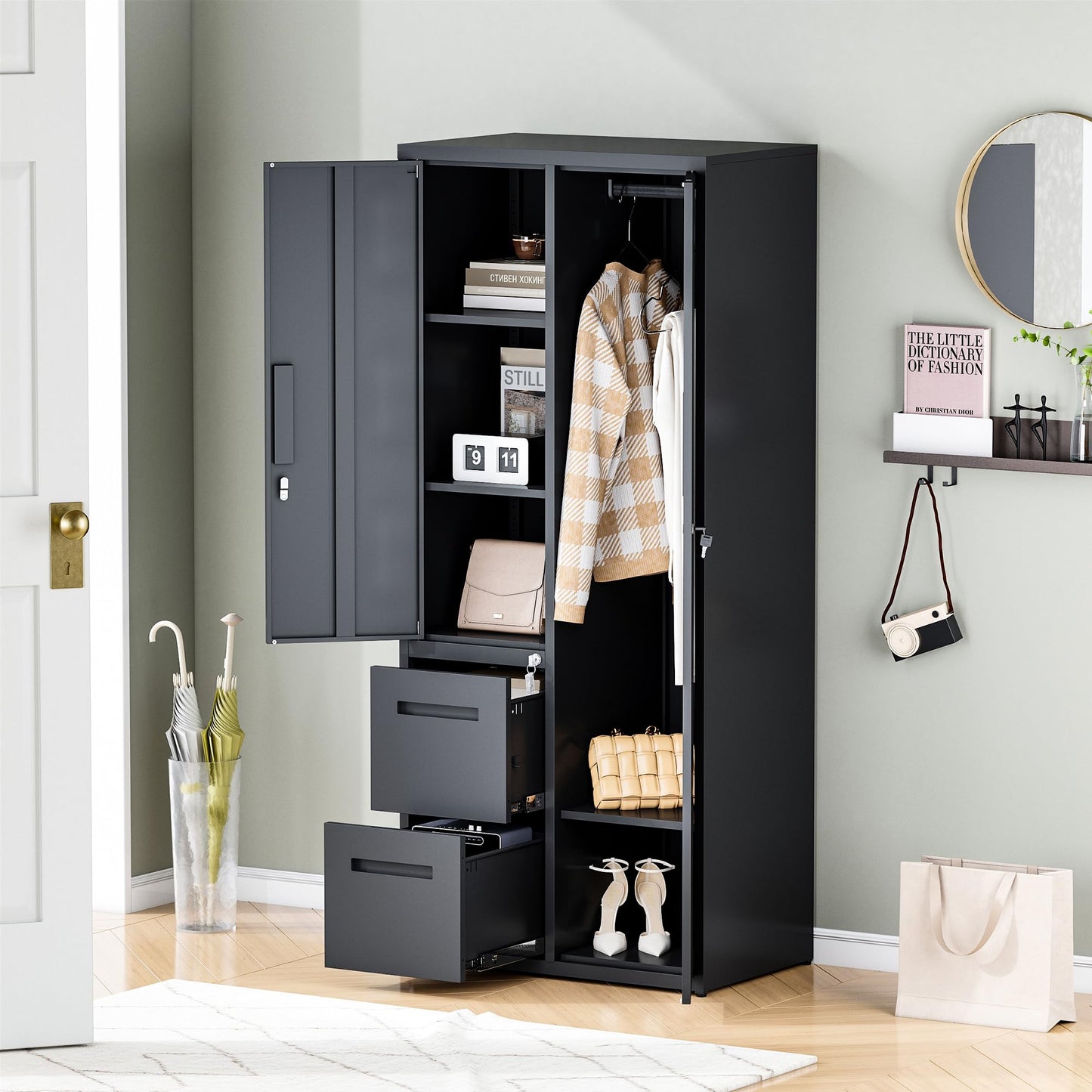 Anxxsu Metal Storage Cabinets Locker, 67" Locker with Clothes Rod, Lockable Freestanding Wardrobe for Office, Home, School, Laundry Room, Gym (Black)