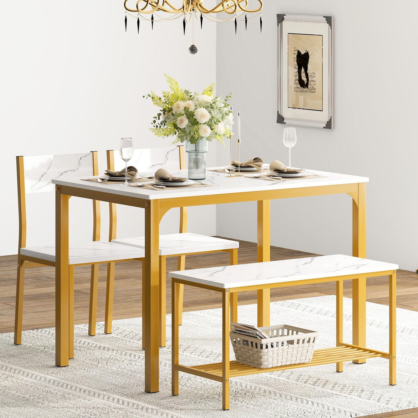 soges 4-Piece Dining Table Set with Bench - 4 Person Kitchen Table and 2 Chairs for Small Spaces, Apartment - Metal Frame & Woodgrain Tabletop, Space-Saving Design, Durable & Easy to Clean, Gold