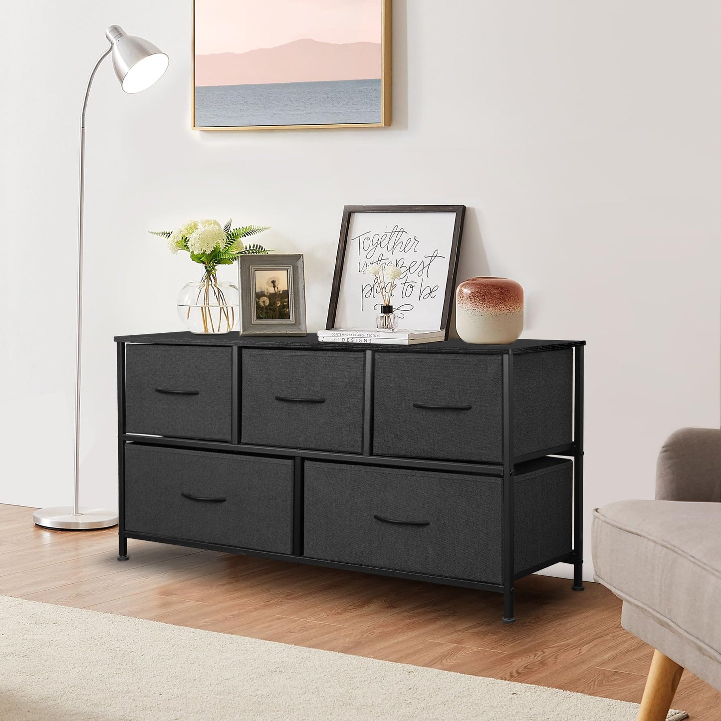 Sonharlar Dresser for Bedroom with 5 Drawers, Chest of Drawers, Storage Drawers Organizer Unit, Black Wide Fabric Dresser with Fabric Bins for Closet, Living Room, Bedroom (Charcoal Black)
