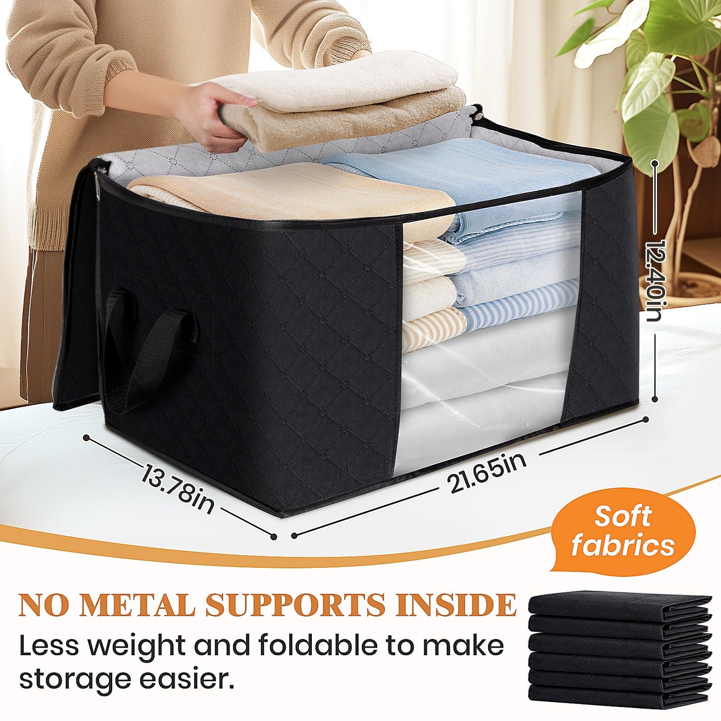Fab totes 6 Pack Clothes Storage, Foldable Thick Fabric Blanket Storage Bags, Containers for Organizing Bedroom, Closet, Clothing, Comforter,Closet Organization with Handle,Black