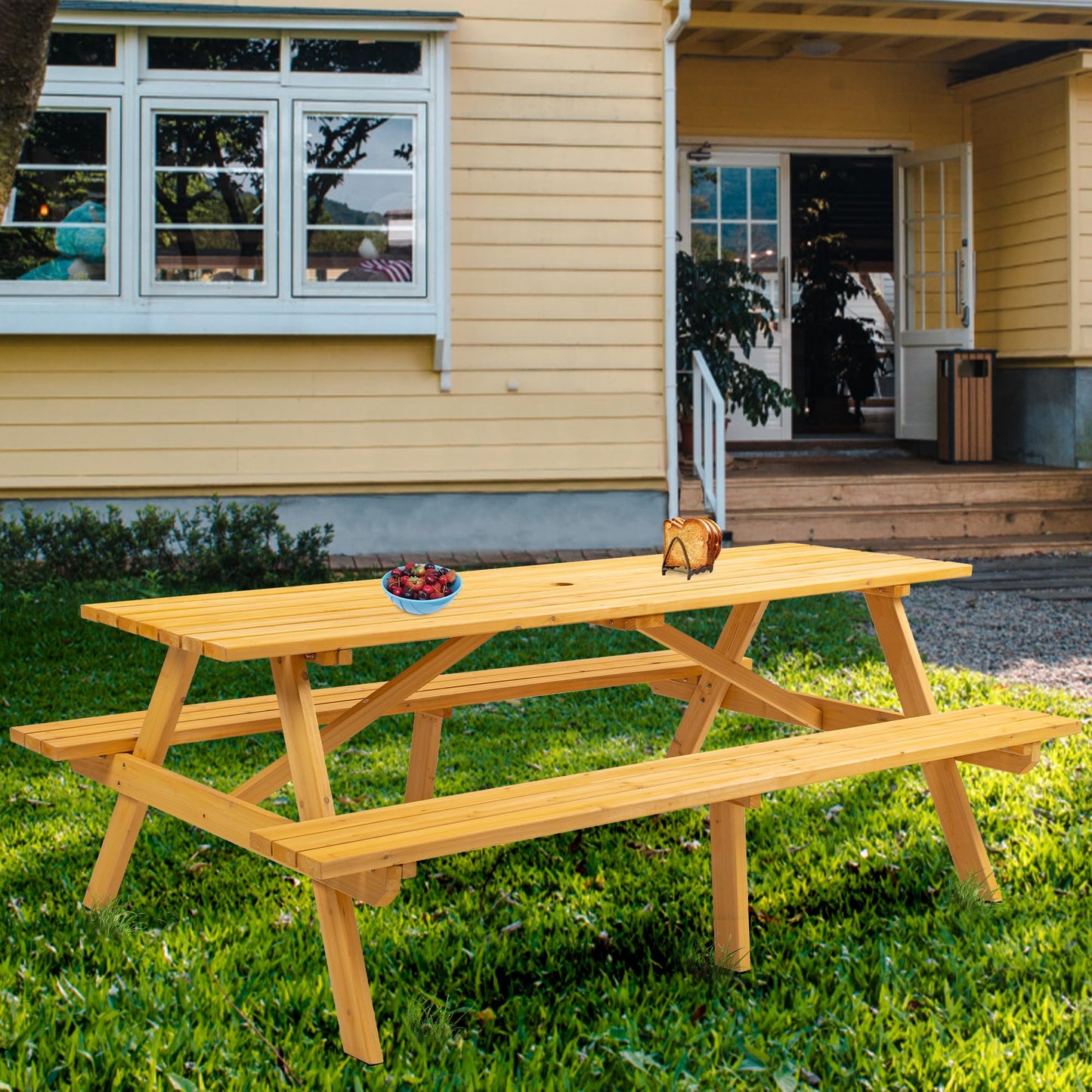 Jaxilyn Outdoor Wooden Picnic Table with Benches Camping Dining Table for Garden Patio Backyard,Natural Color (Natural, Rectangle)