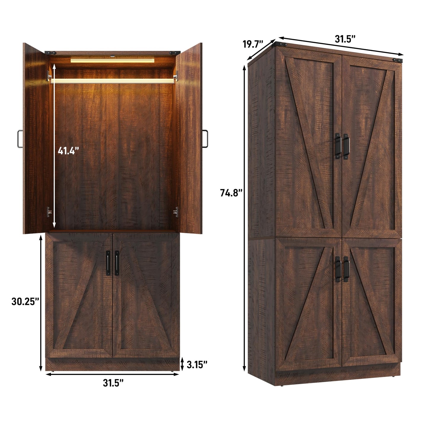Hlivelood 75" Tall Farmhouse 2 Doors Armoire Wardrobe Closet with LED,Freestanding Closet Wardrobe Cabinet for Bedroom with Hanging Rod,Wooden Armoire Storage Cabinet with Adjustable Shelves(Brown)