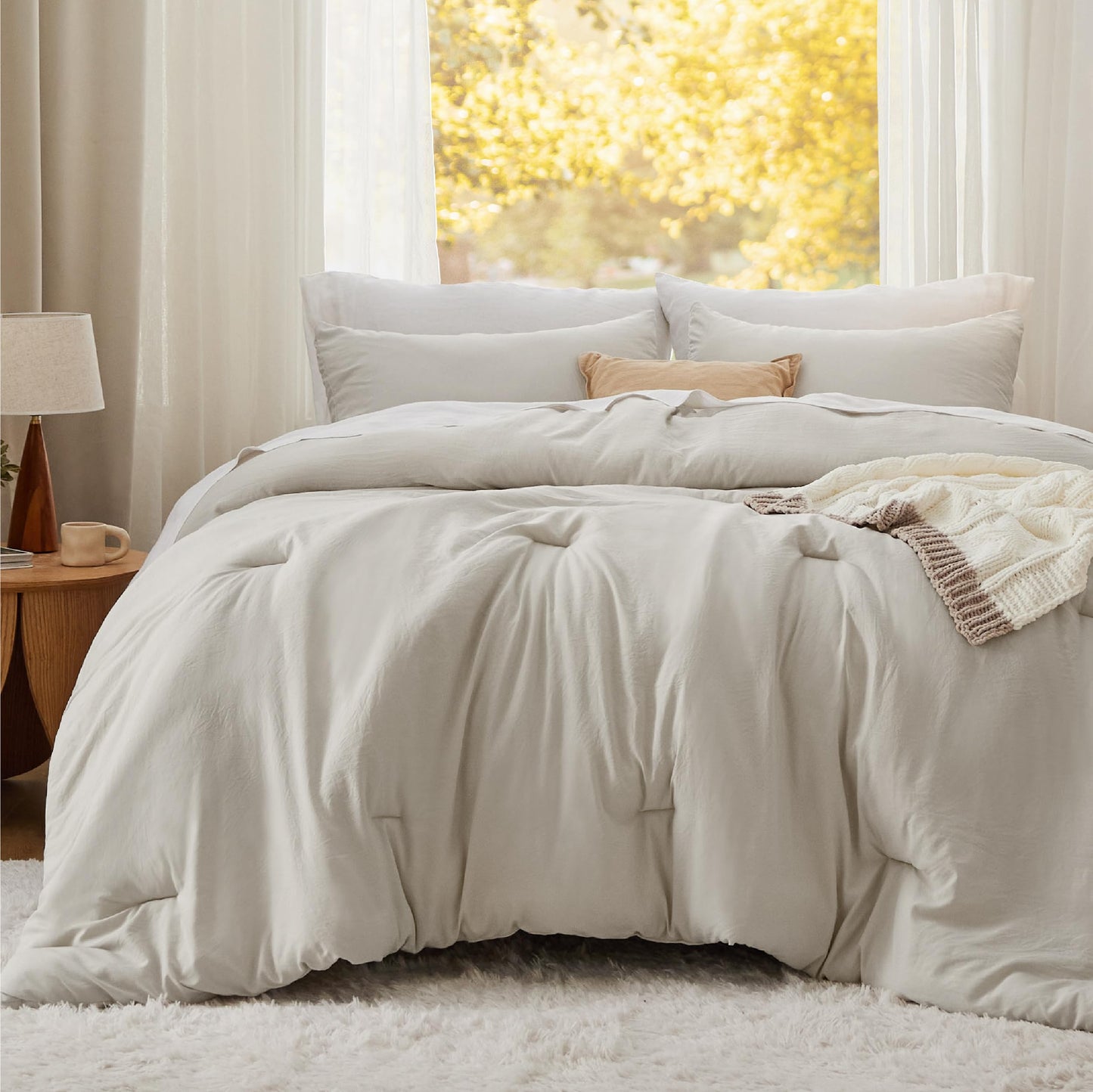 Bedsure Queen Size Comforter Set, Beige Soft Prewashed Bedding for All Seasons, 3 Pieces GentleSoft™ Warm Down Alternative Bed Set, 1 Lightweight Comforter (90"x90") and 2 Pillowcases (20"x26")