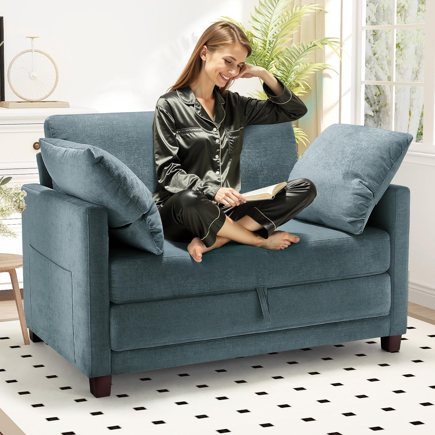 Myroyalsit 51" Convertible Loveseat Sofa Bed, 2-in-1 Folding Sofa Bed with 2 Pillow for Small Spaces, Modern Loveseat Sleeper Couch for Apartment, Living Room & Guest Room (Light Blue)