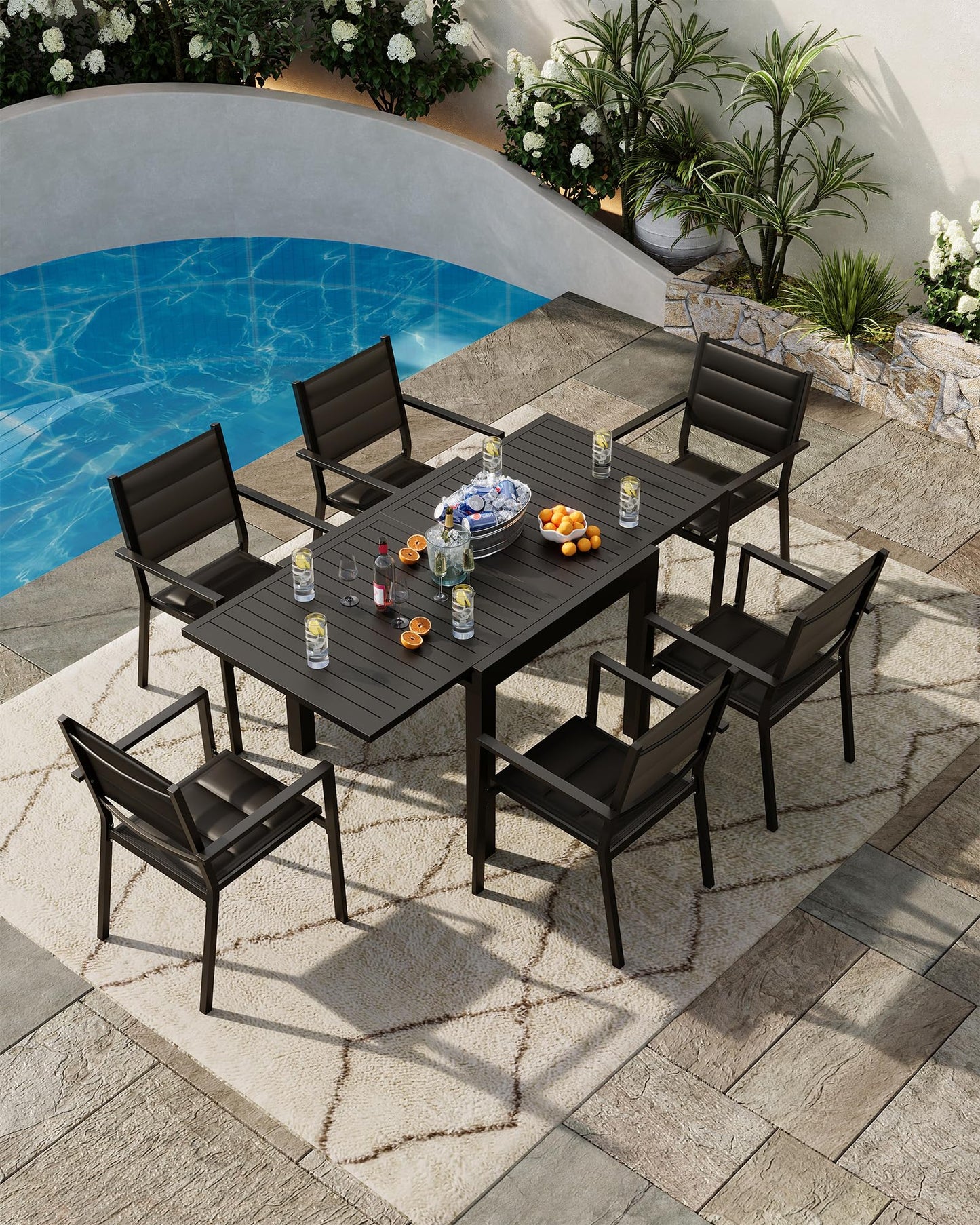 Expandable Patio Table for 4-6 Persons, Extentable Outdoor Dining Table Set 31.5”-63”, Aluminum Slat Frame, Rectangular, for Porch, Deck, Garden, Pools, Table, Grey